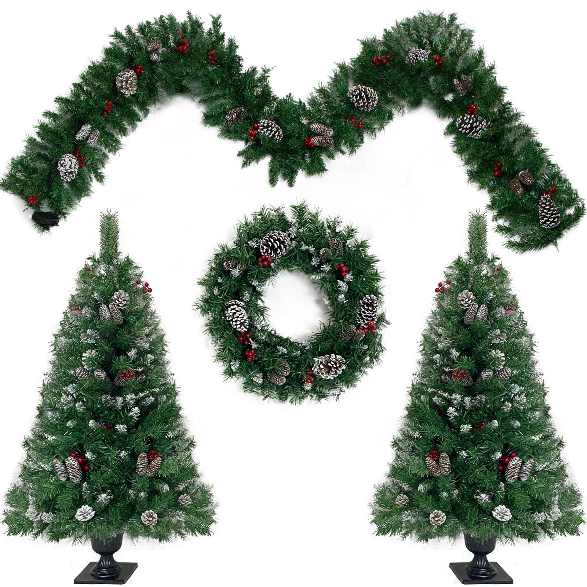 Pre-lit Artificial Christmas Tree Set with Garland, Wreath, and Entrance Trees - Xmas Decor in a 4-Piece Collection | Vibrant Green, Easy to Assemble | 220 Letters