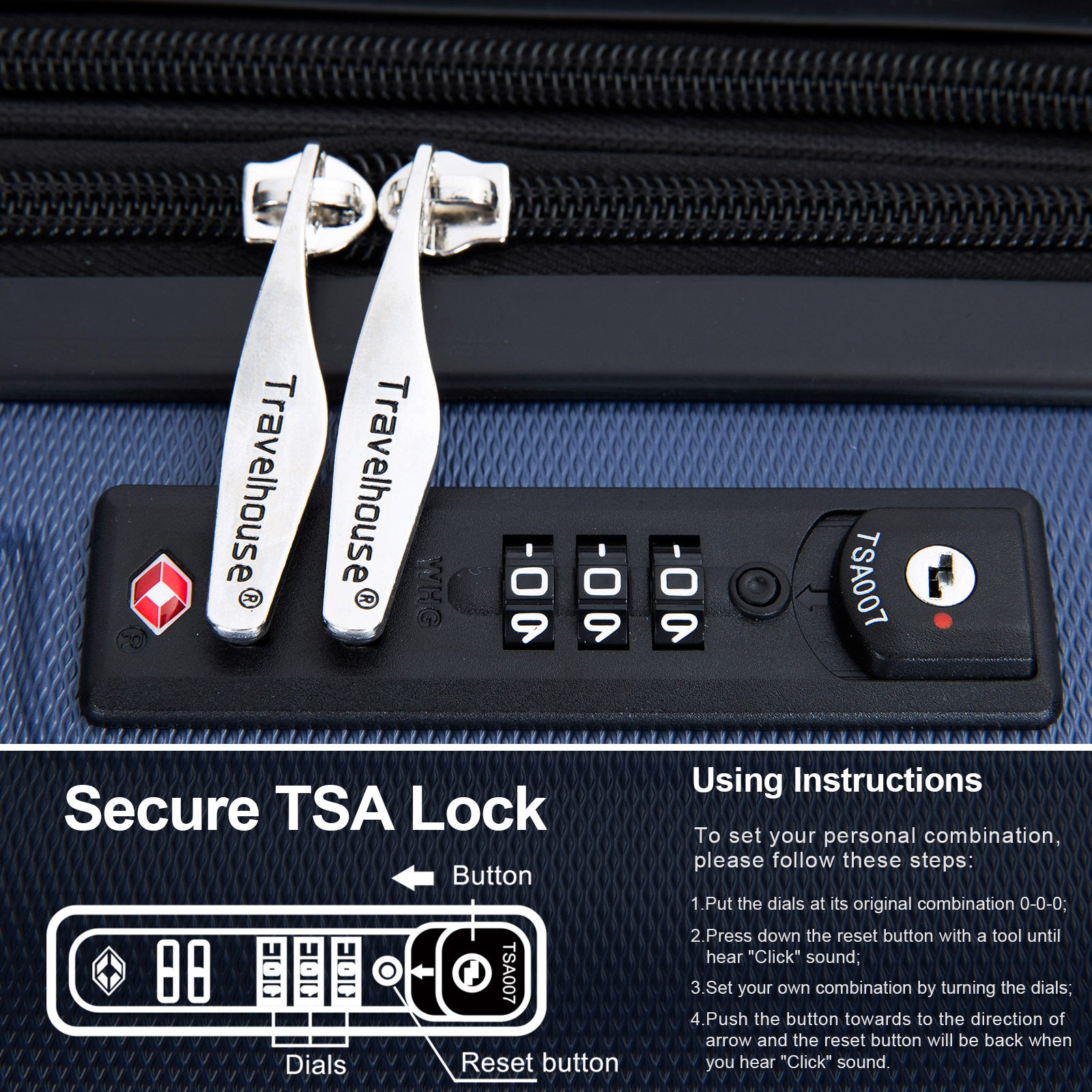 Expandable Lightweight 3 Piece Luggage Set: ABS Suitcase, Hooks, Spinner Wheels, TSA Lock, Blue (20/24/28)