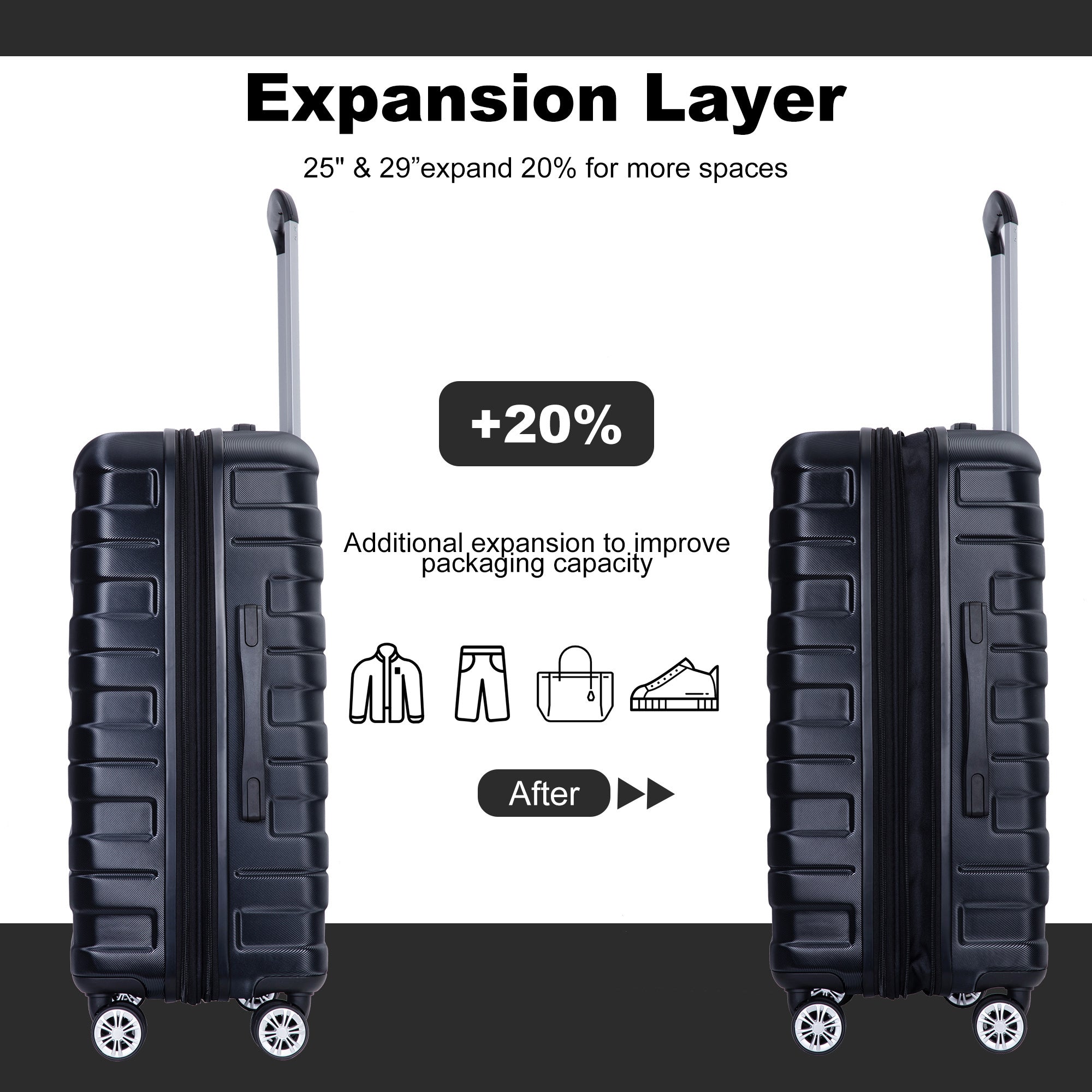 3 Piece Luggage Sets: Lightweight & Durable Expandable Suitcase with Hooks, Spinner Wheels, TSA Lock, (21/25/29) Black