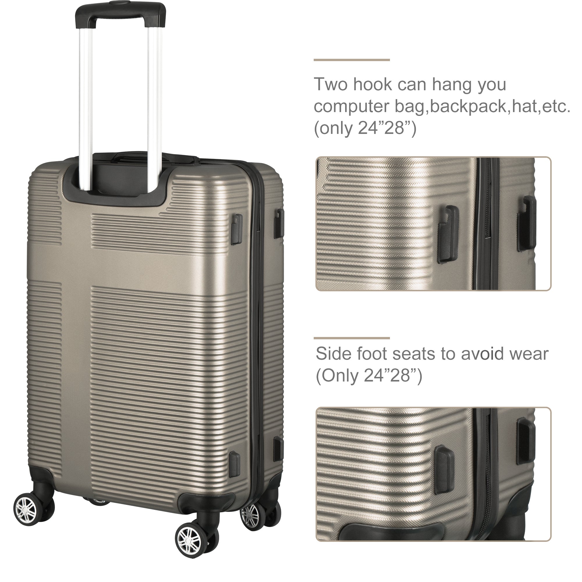 3 Piece TSA Lock ABS Luggage Set: Durable, Lightweight Suitcase with Hooks, Spinner Wheels, Cross Stripe Design - 20in/24in/28in