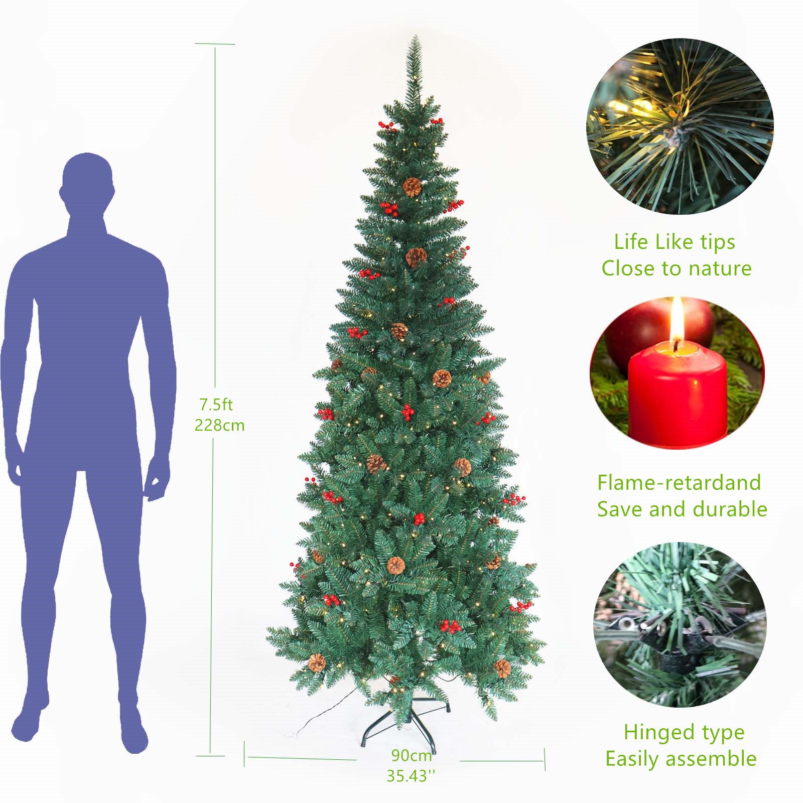 Artificial Slim Christmas Tree Pre-lit Pencil Feel Real Skinny Fir Tree with Cones & Berries 7.5ft Metal Stand