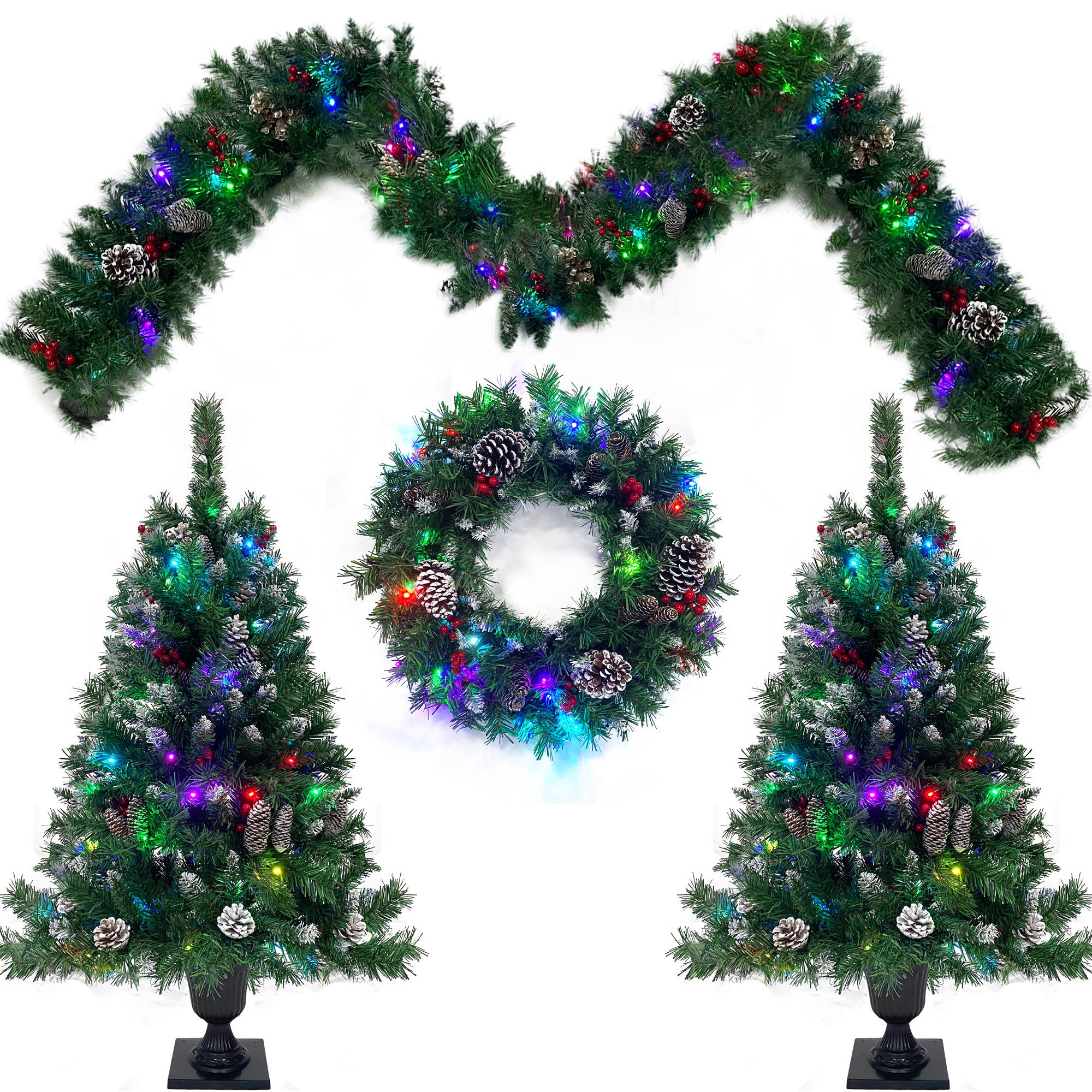 Pre-lit Artificial Christmas Tree Set with Garland, Wreath, and Entrance Trees - Xmas Decor in a 4-Piece Collection | Vibrant Green, Easy to Assemble | 220 Letters