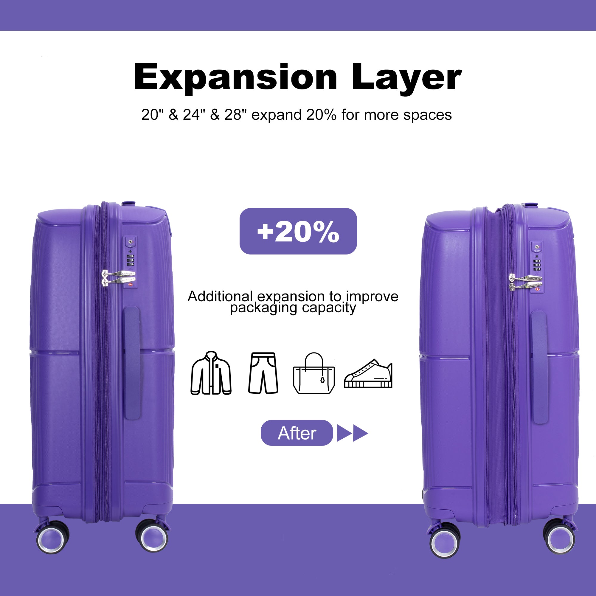 Expandable Hardshell Suitcase Double Spinner Wheels Luggage Sets Lightweight Durable Suitcase with TSA Lock, 3-Piece Set (20/24/28), Purple