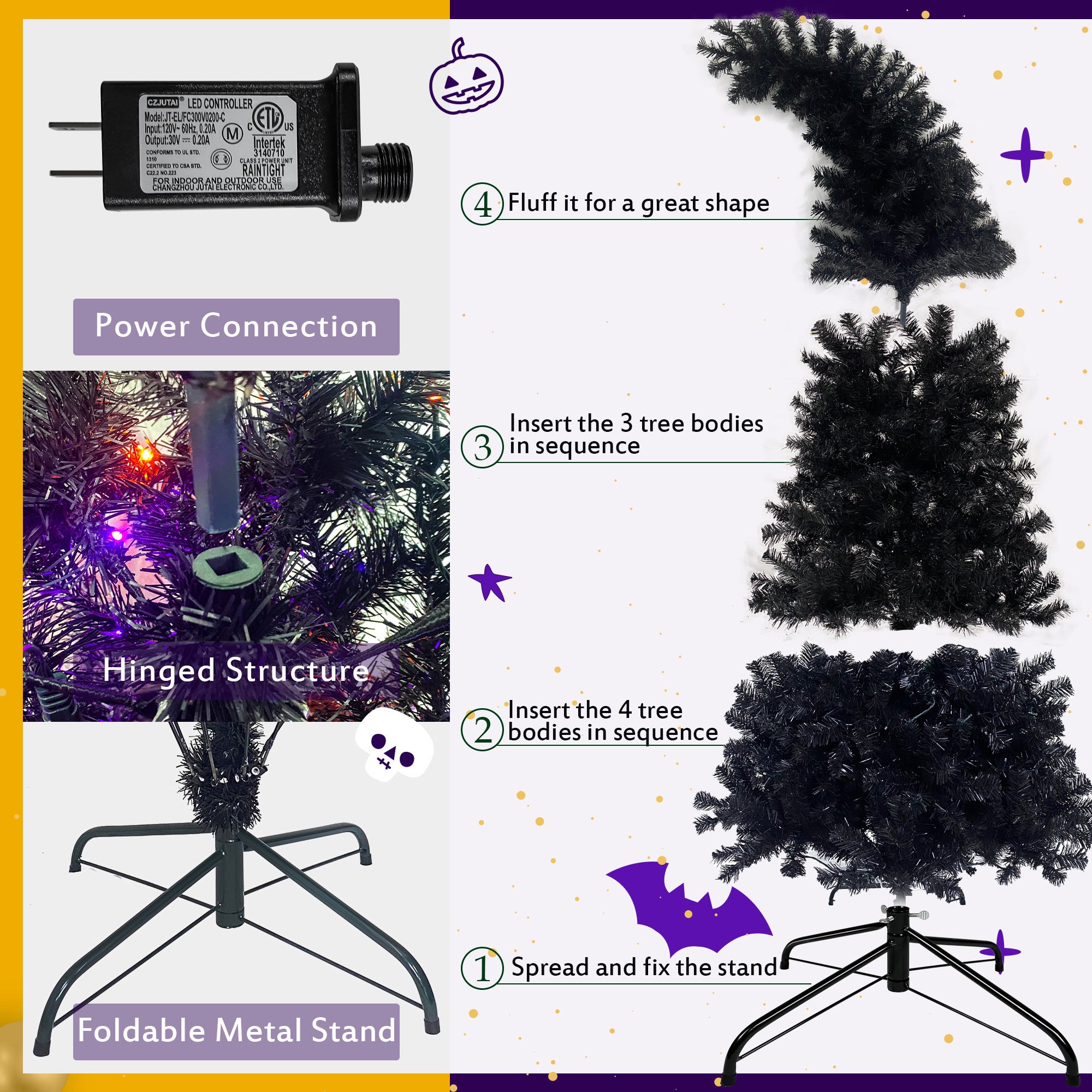 6FT Artificial Fir Bent Top Halloween Christmas Tree - Bendable Grinch Style Holiday Decoration with 1,080 Lush Branch Tips and 300 LED Lights - Xmas Halloween Style (Black/Orange, 6 Feet)