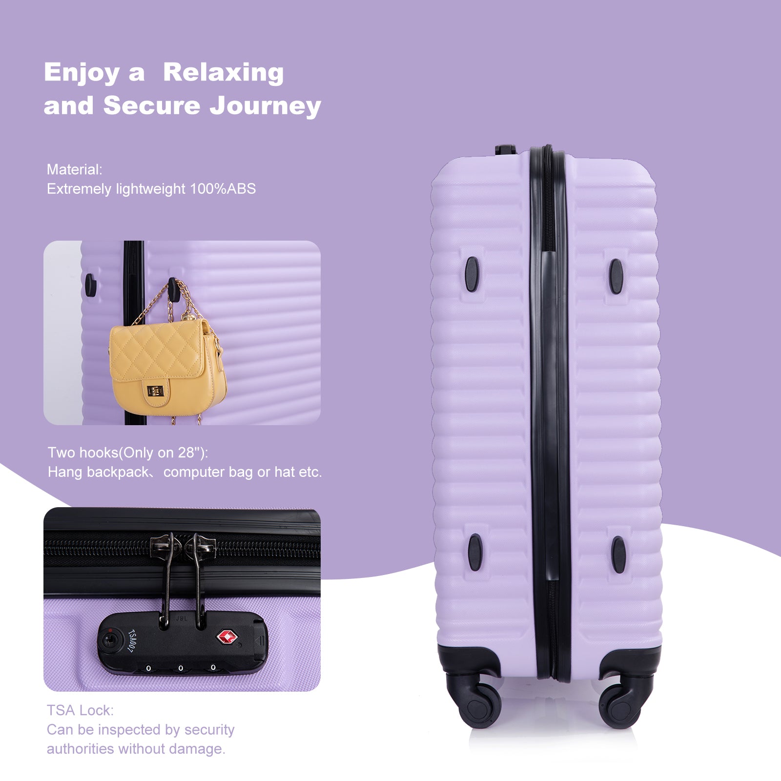 3 Piece Luggage Sets: Lightweight ABS Suitcase with Hooks, Spinner Wheels, TSA Lock - Lavender Purple (20/24/28)