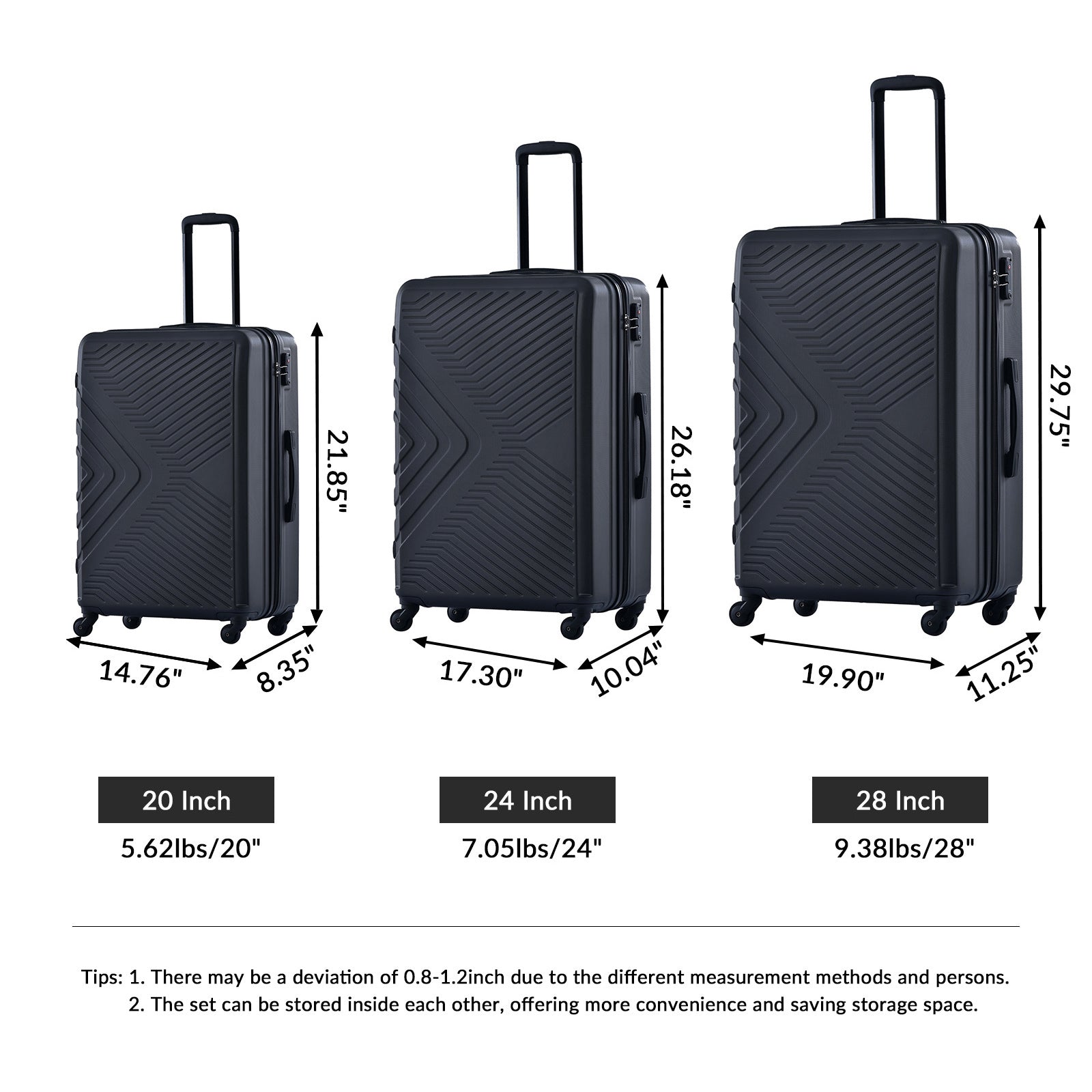 3 Piece Lightweight ABS Luggage Sets with Spinner Wheels, TSA Lock, and Hooks - Black (20/24/28)