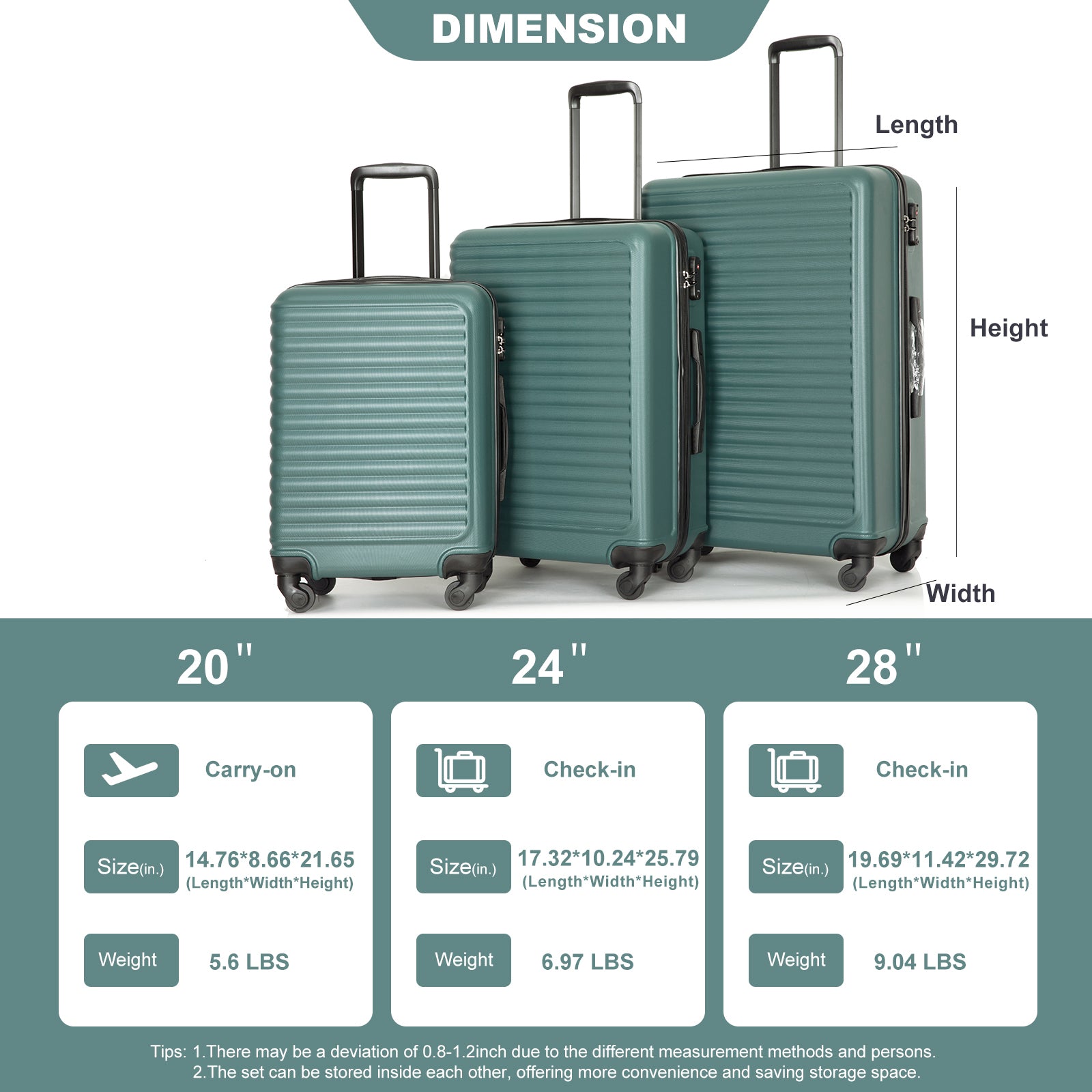 3 Piece ABS Lightweight Suitcase with Hooks, Spinner Wheels, TSA Lock, (20/24/28) Green