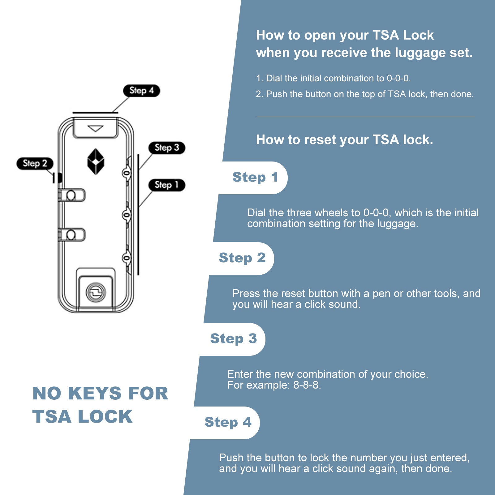 3 Piece ABS Lightweight Suitcase with Hooks, Spinner Wheels, TSA Lock, Blue (20/24/28)