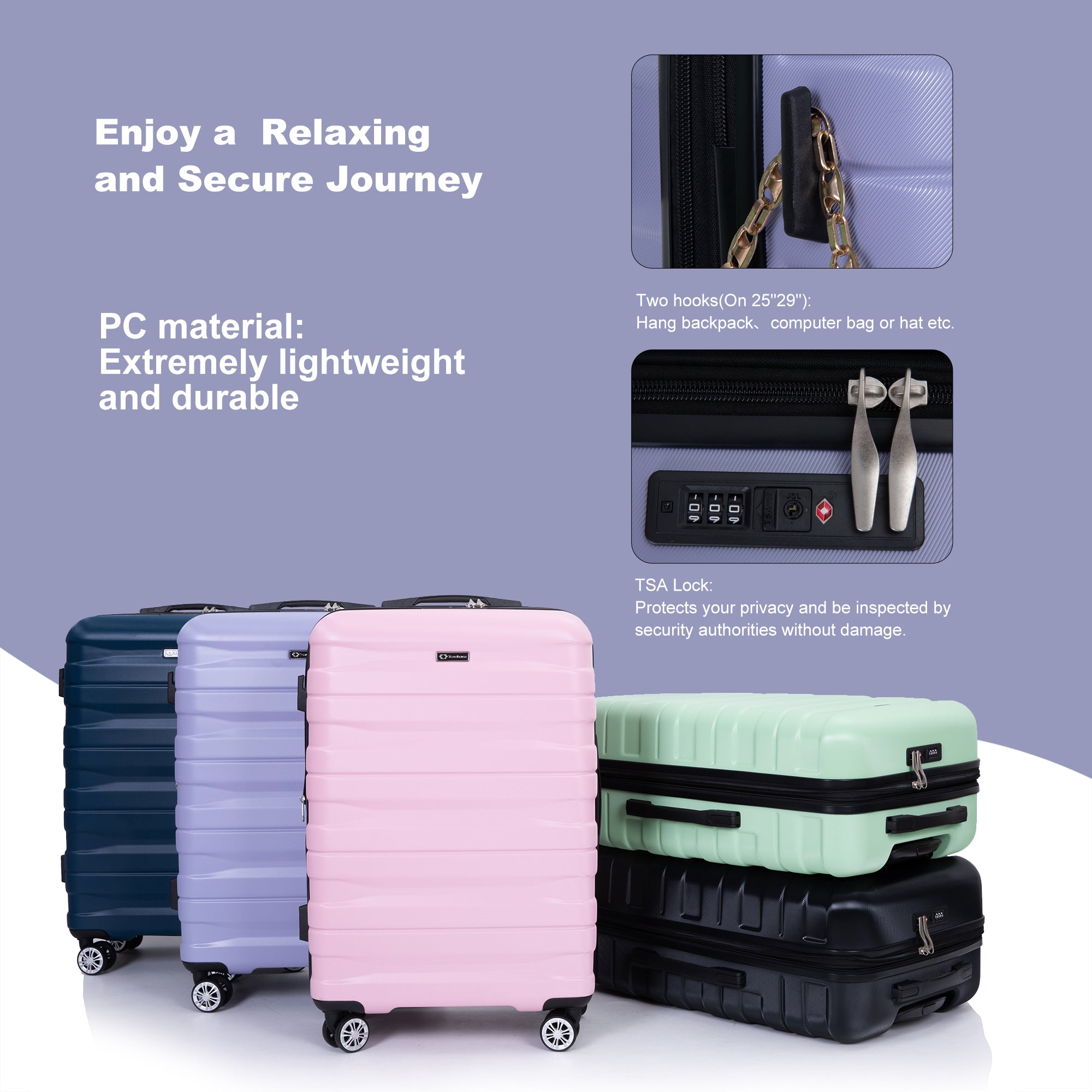 3 Piece Lightweight & Durable Expandable Suitcase Set with Hooks, Spinner Wheels, TSA Lock, (21/25/29) Light Purple