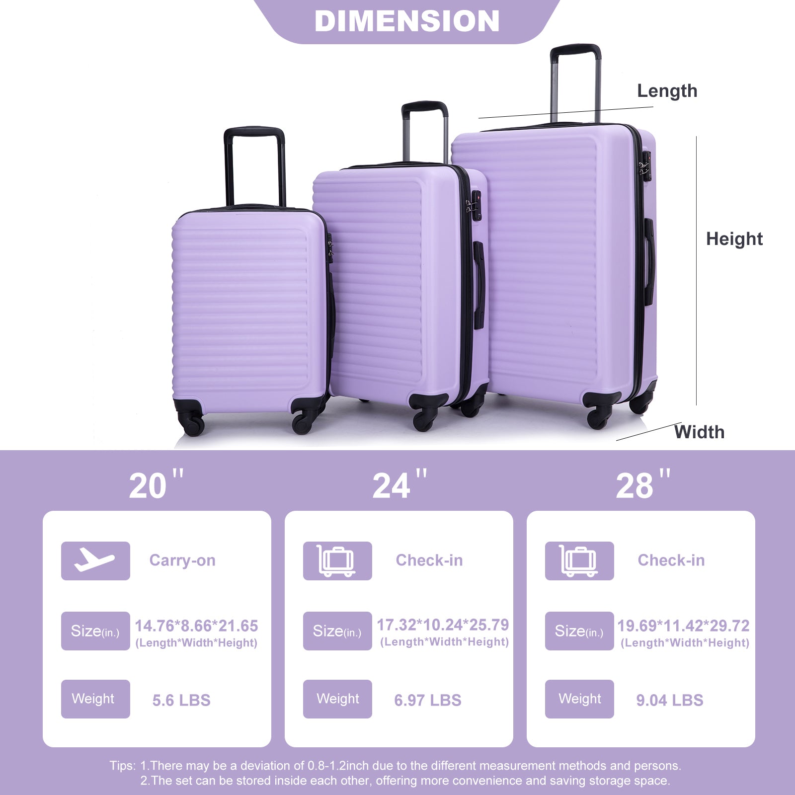 3 Piece Luggage Sets: Lightweight ABS Suitcase with Hooks, Spinner Wheels, TSA Lock - Lavender Purple (20/24/28)