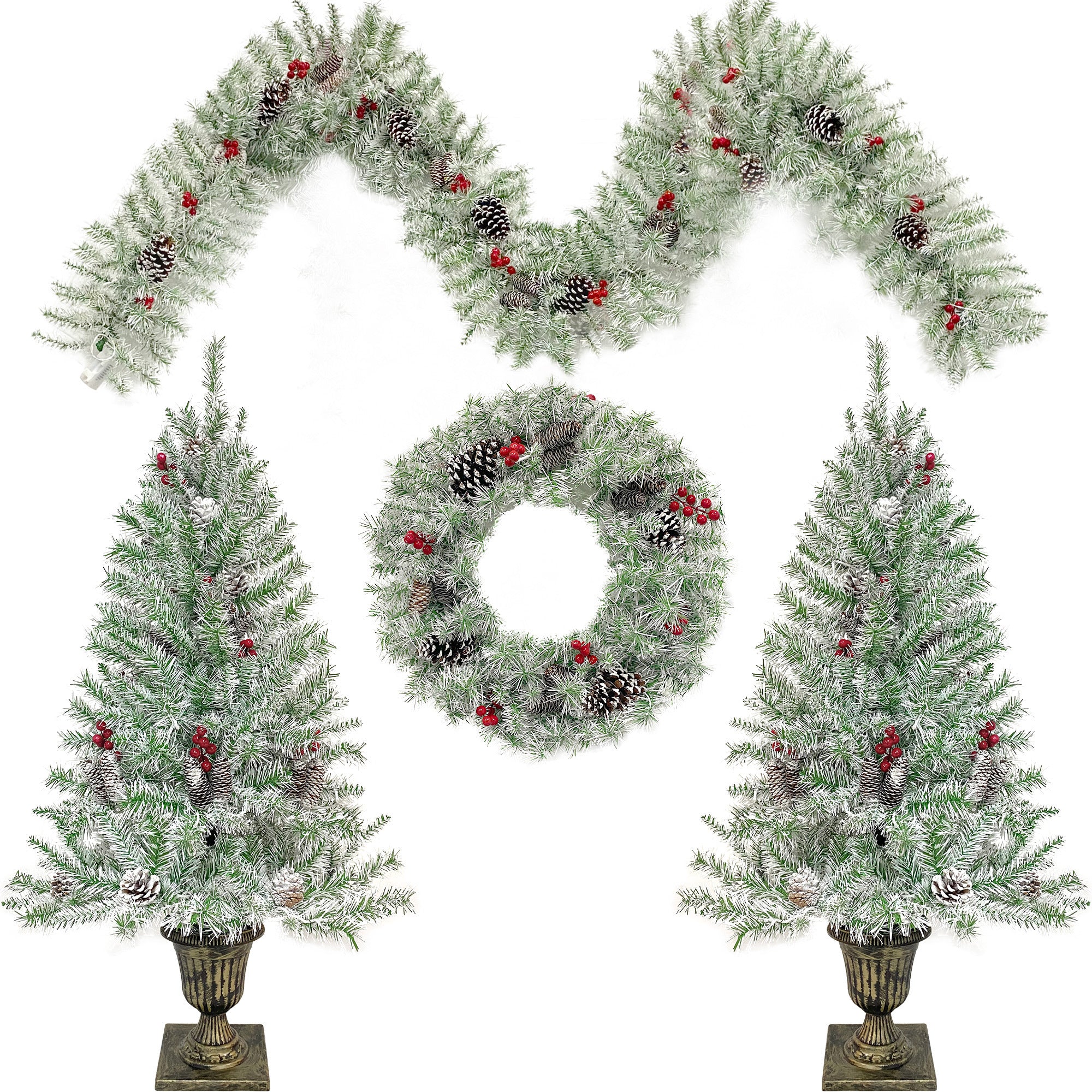 Pre-lit Artificial Christmas Tree Set: Garland, Wreath, and 2 Entrance Trees | Xmas Decor - 4-Piece | Vibrant & Lifelike | Various Colors & Sizes