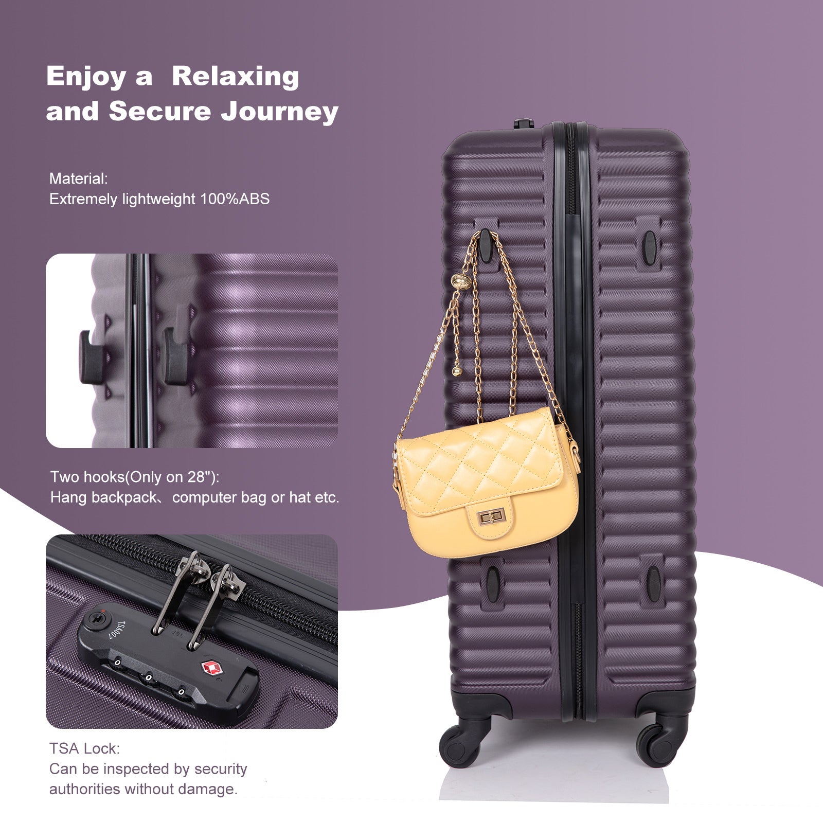 3 Piece Luggage Sets with Spinner Wheels, TSA Lock, Lightweight ABS Suitcase - Purple (20/24/28)