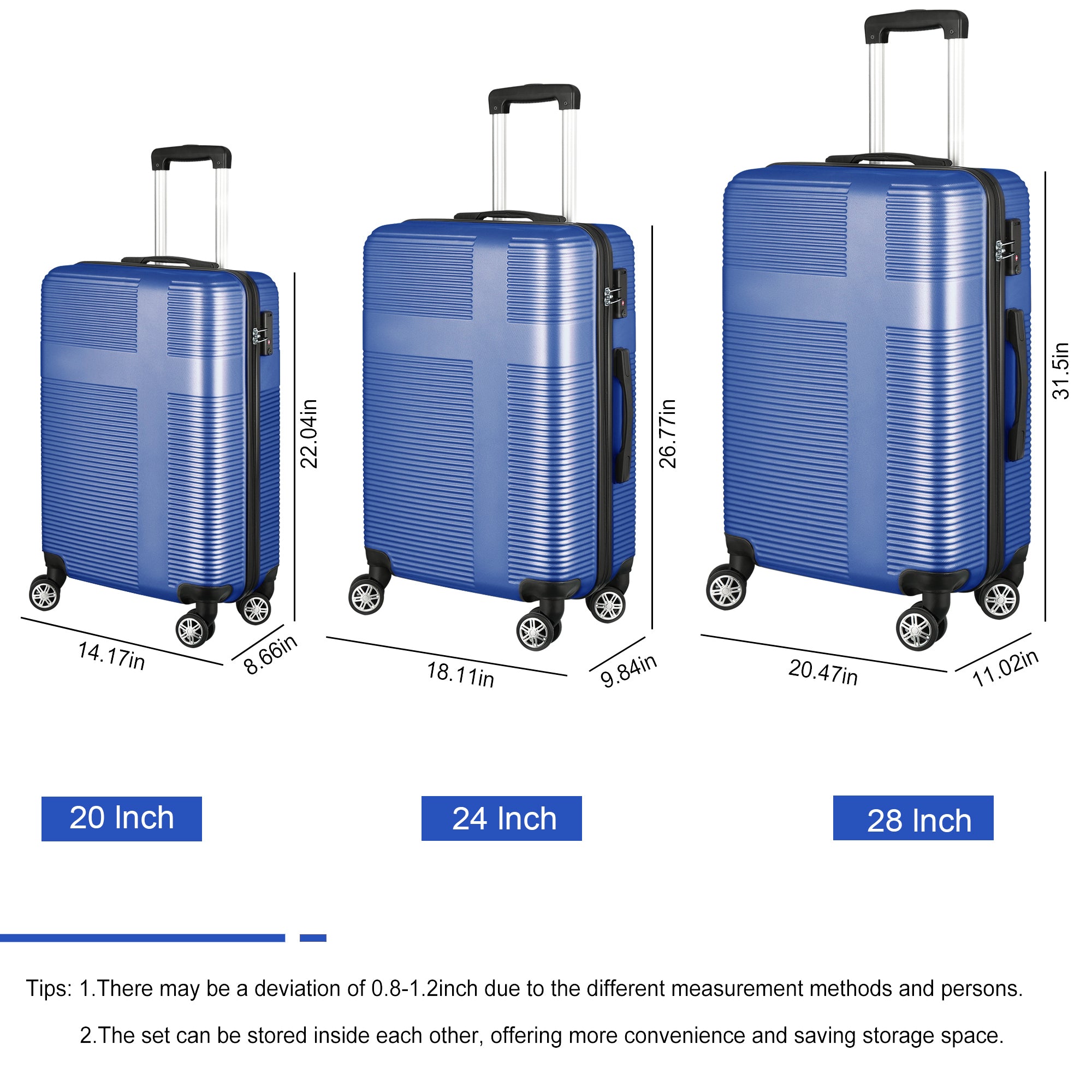 3 Piece Luggage Set with TSA Lock: ABS, Durable, Lightweight Suitcase with Spinner Wheels, Cross Stripe Design, Hooks - 20in/24in/28in