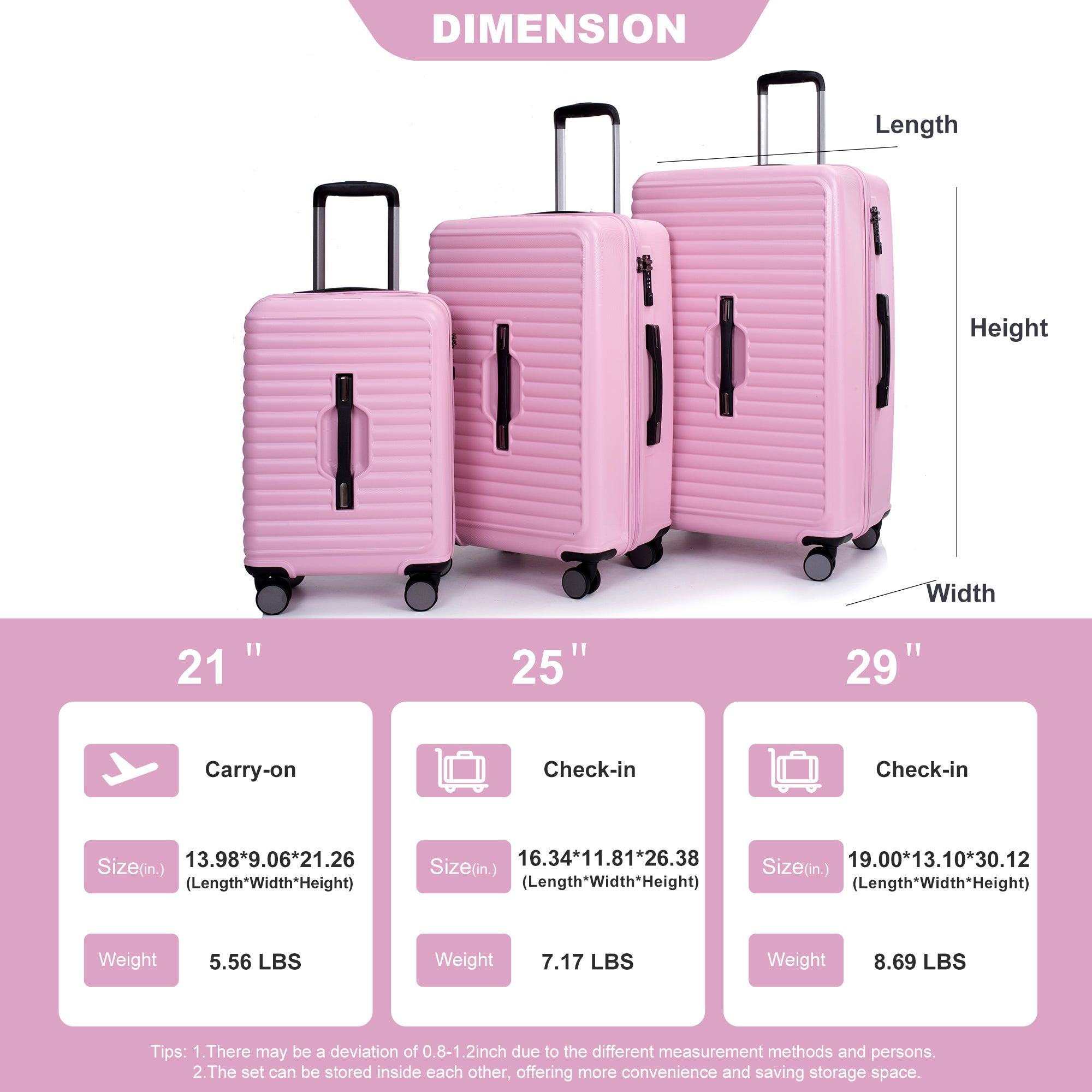 3 Piece Luggage Sets with Hooks, Double Spinner Wheels, TSA Lock (21/25/29) - Lightweight Pink Suitcase for Travel