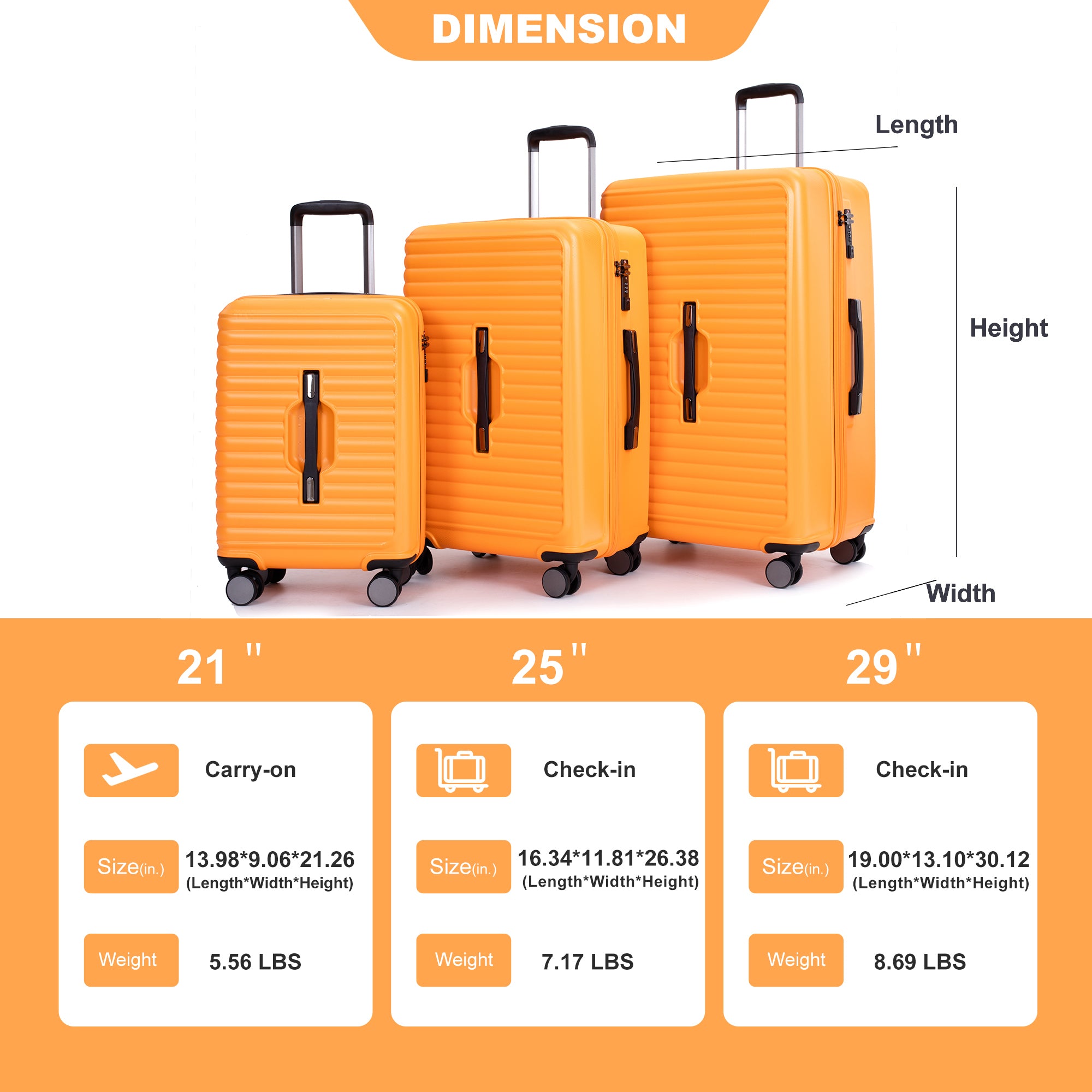 3 Piece Lightweight Luggage Set with TSA Lock, Double Spinner Wheels & Two Hooks - PC+ABS Suitcase (21/25/29) in Orange