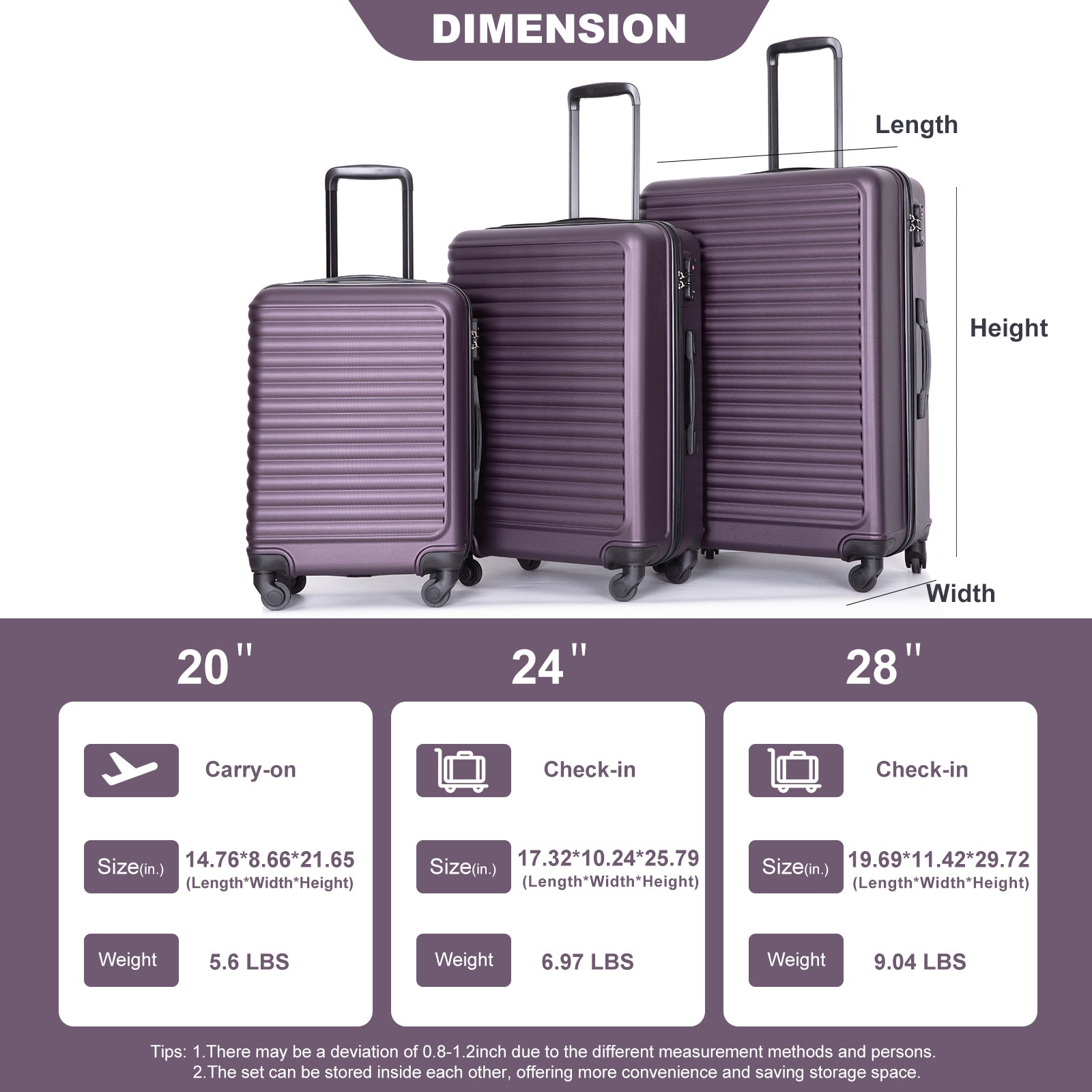 3 Piece Luggage Sets with Spinner Wheels, TSA Lock, Lightweight ABS Suitcase - Purple (20/24/28)