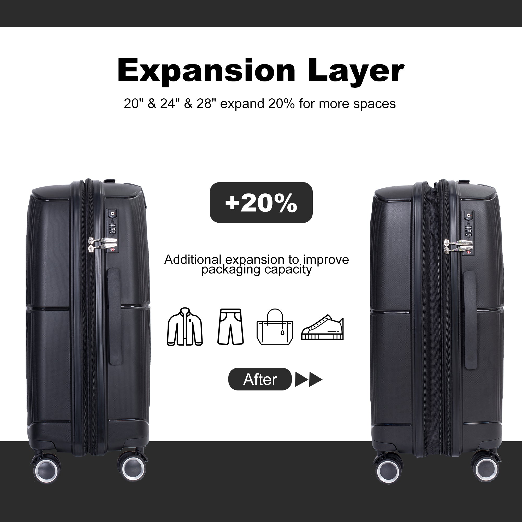 Expandable Hardshell Suitcase Double Spinner Wheels PP Luggage Set, Lightweight & Durable, TSA Lock, 3-Piece (20/24/28), Black