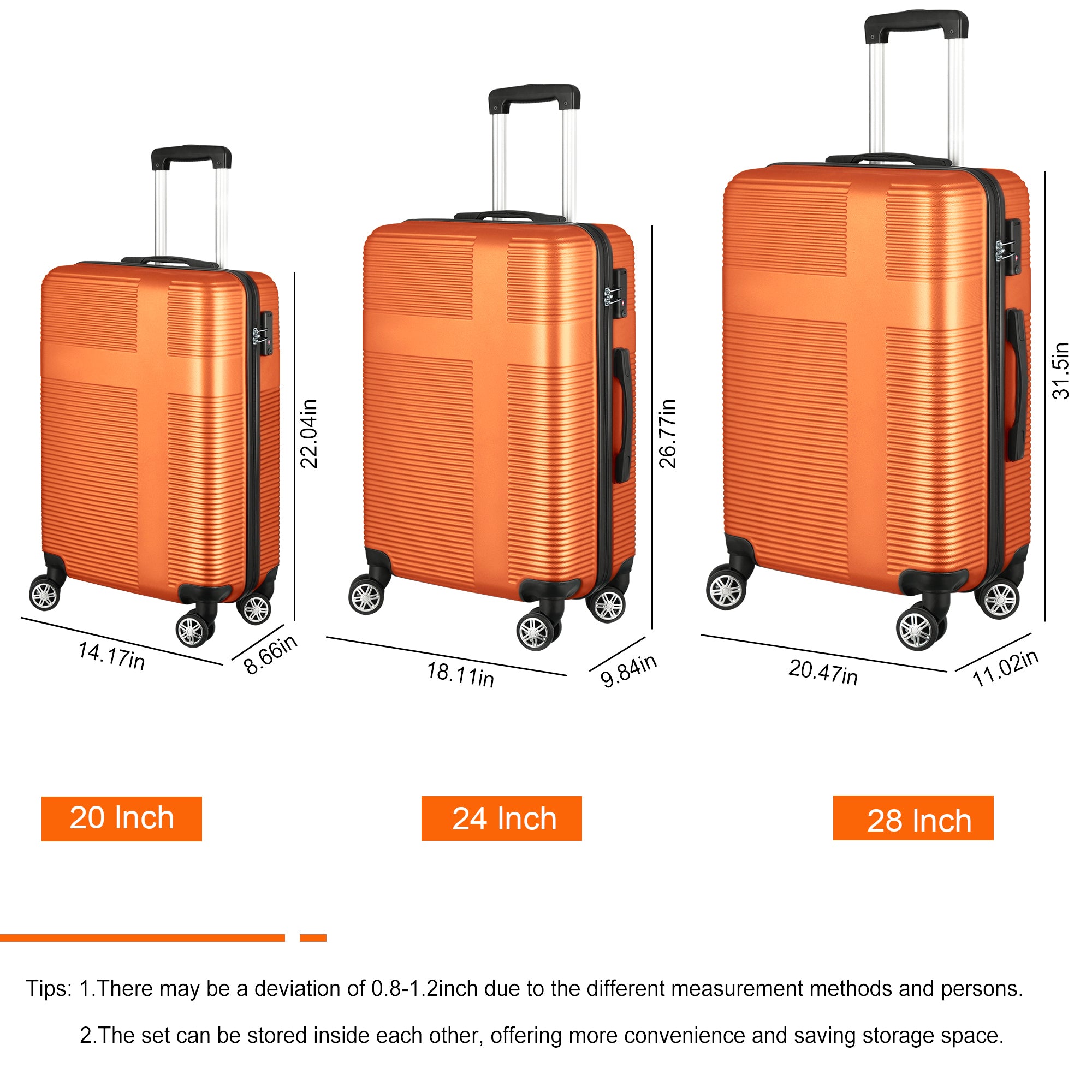 3 Piece Luggage Set with TSA Lock: ABS, Durable & Lightweight Suitcase, Spinner Wheels, Cross Stripe Design - Hooks, 20in/24in/28in Sizes