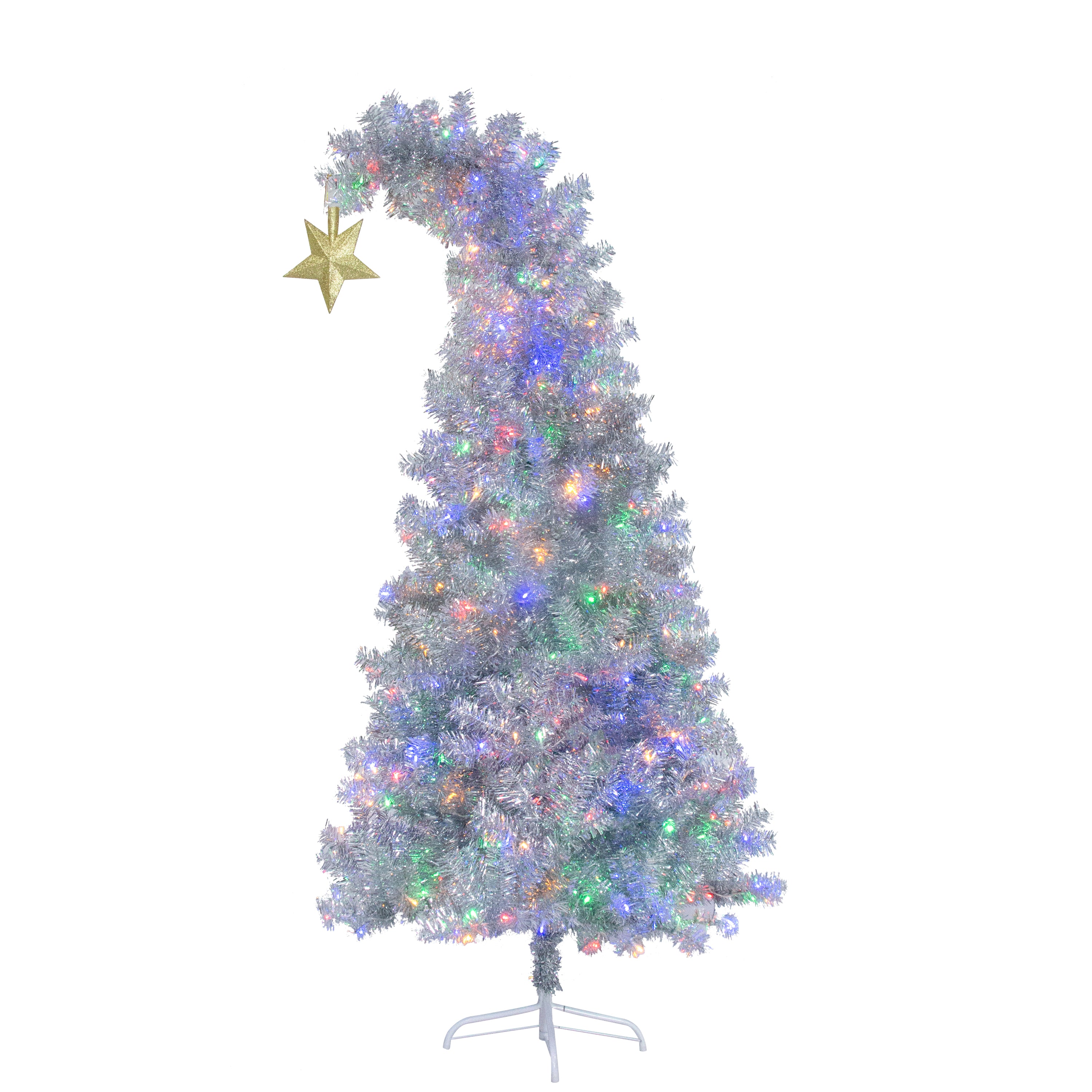 6 FT White Christmas Tree with 300 Colorful LED Lights, Bent Top & Gold Star - Premium Holiday Decor