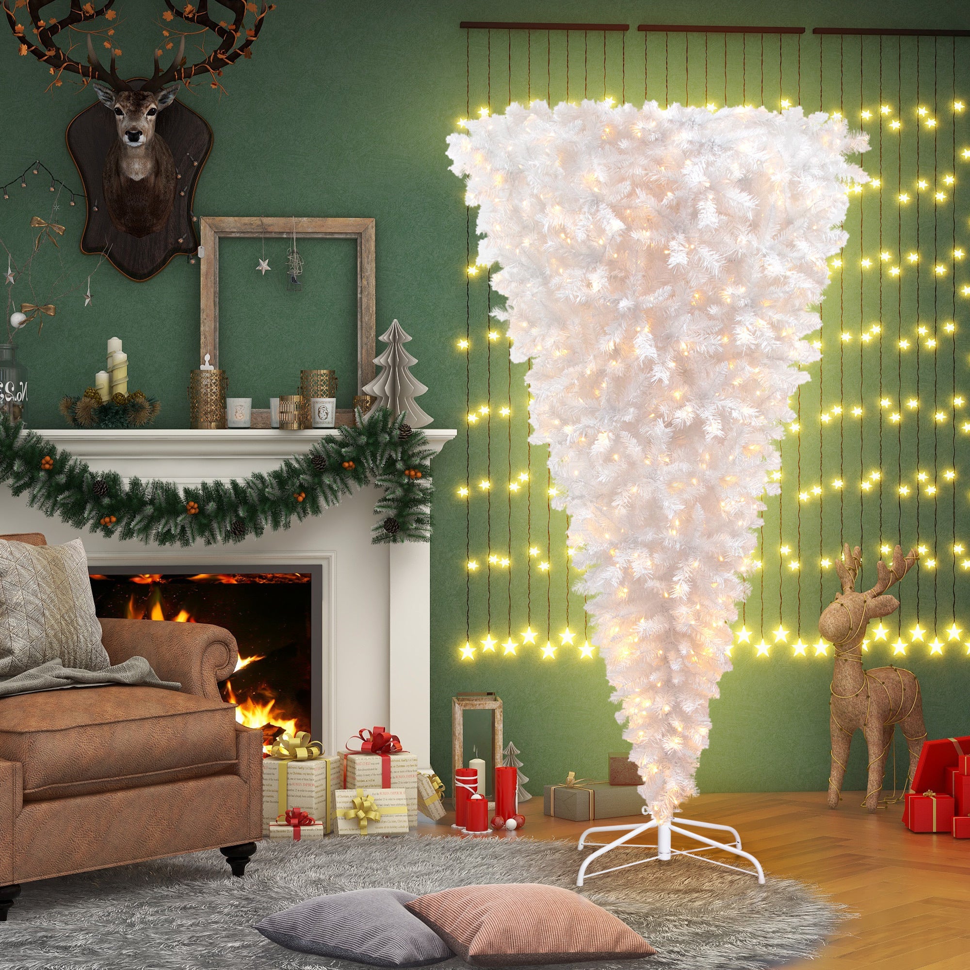 Upside Down White Christmas Tree | 6.6ft, LED Lights, Lush Branch Tips | Reinforced Metal Base & Easy Assembly | 450 Warm White LED Lights X-mas