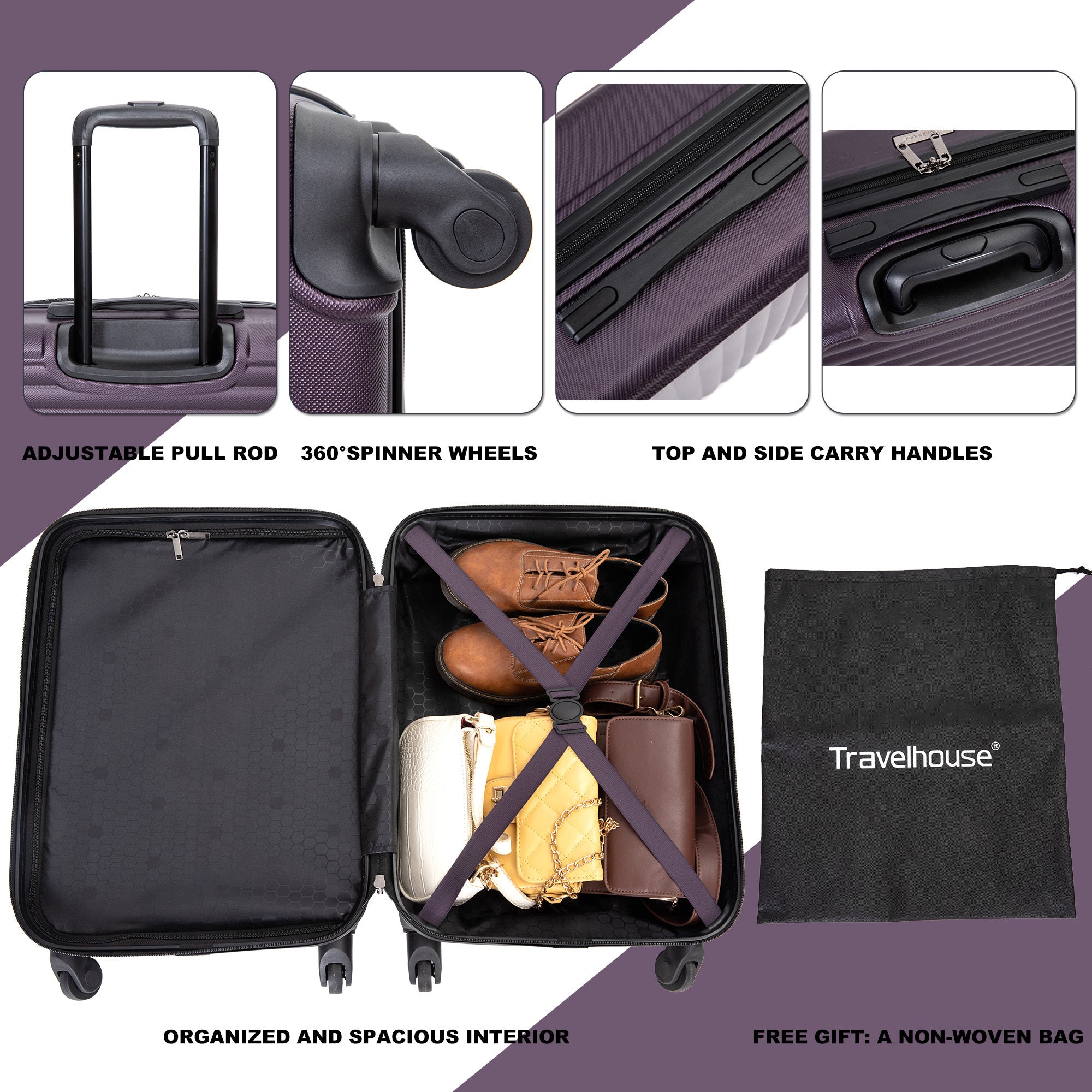 20" Carry on Luggage Lightweight Spinner Suitcase, Purple, Easy Mobility