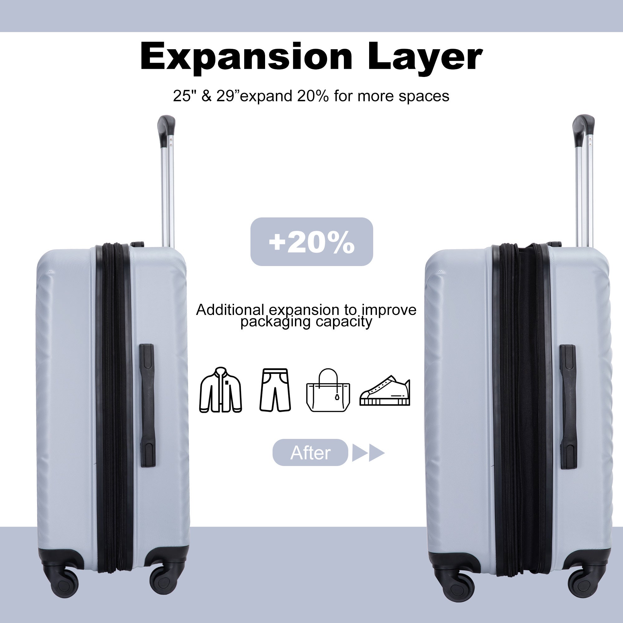 Expandable 3 Piece Lightweight Luggage Sets with Spinner Wheels, TSA Lock, and Two Hooks - Silver (21/25/29)