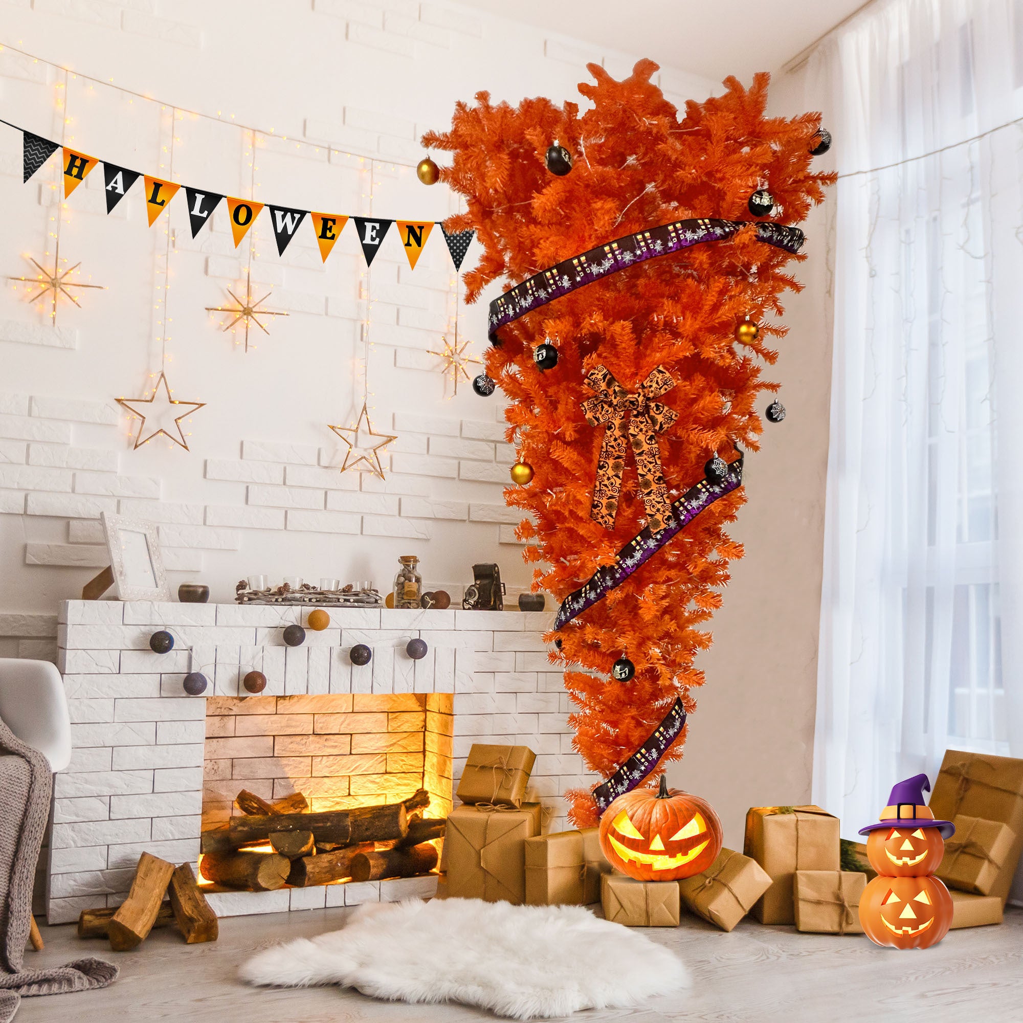 GO 7.5 FT Upside Down Christmas Tree: 300 LED Warm Lights, Halloween-themed Ornaments, Satin Ribbon - Orange Color