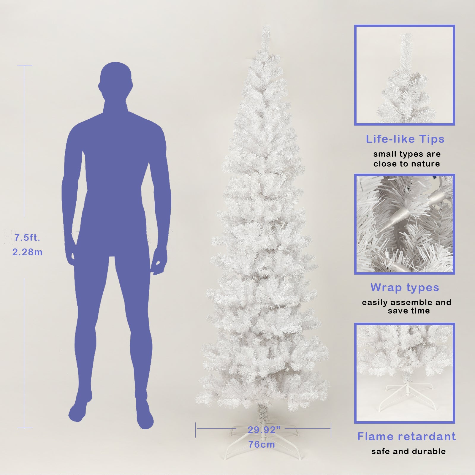 7.5FT White Slim Artificial Christmas Tree - Foldable Metal Stand Included