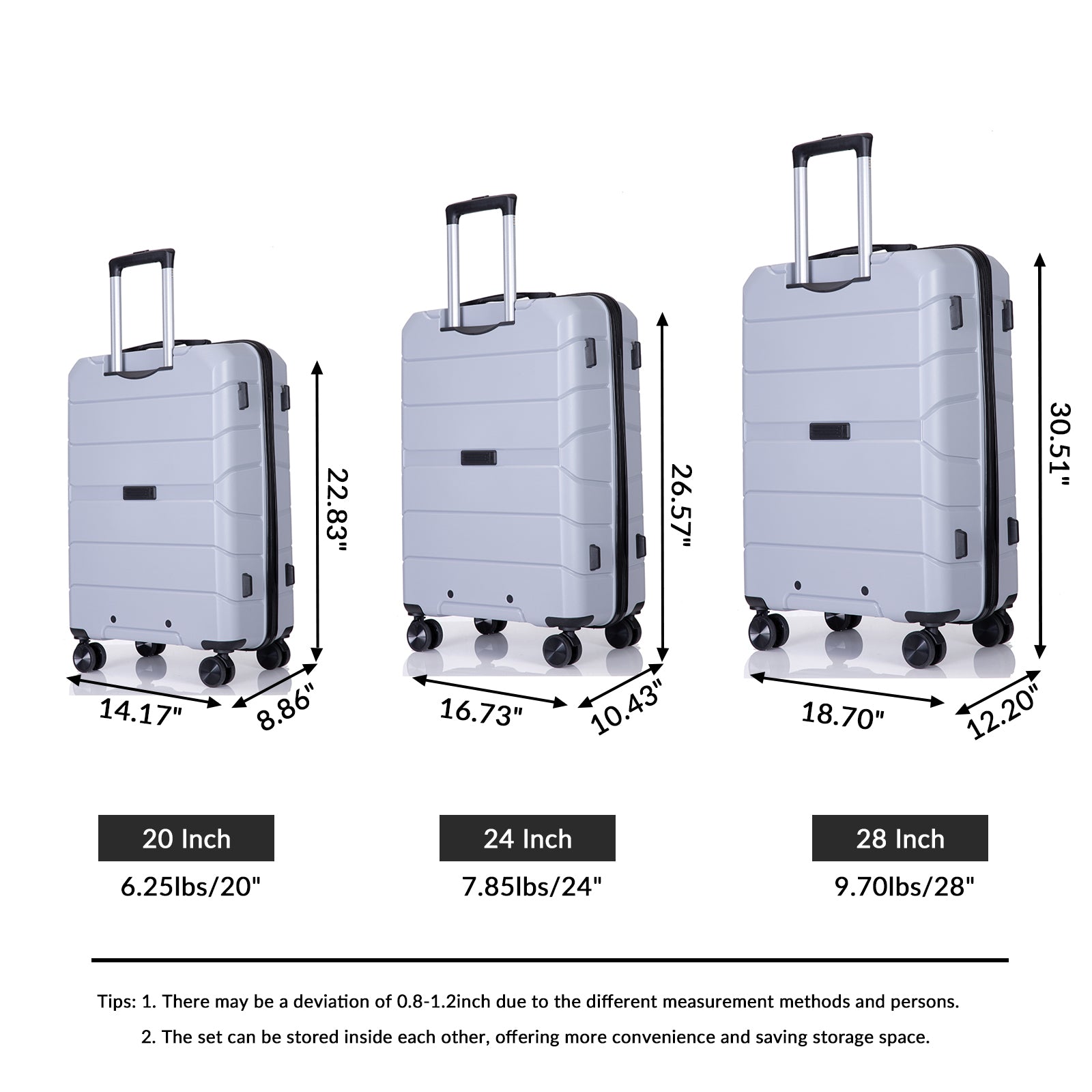 Hardshell Spinner Wheels PP Luggage Sets Lightweight Suitcase with TSA Lock - 3-Piece Set (20/24/28) in Silver