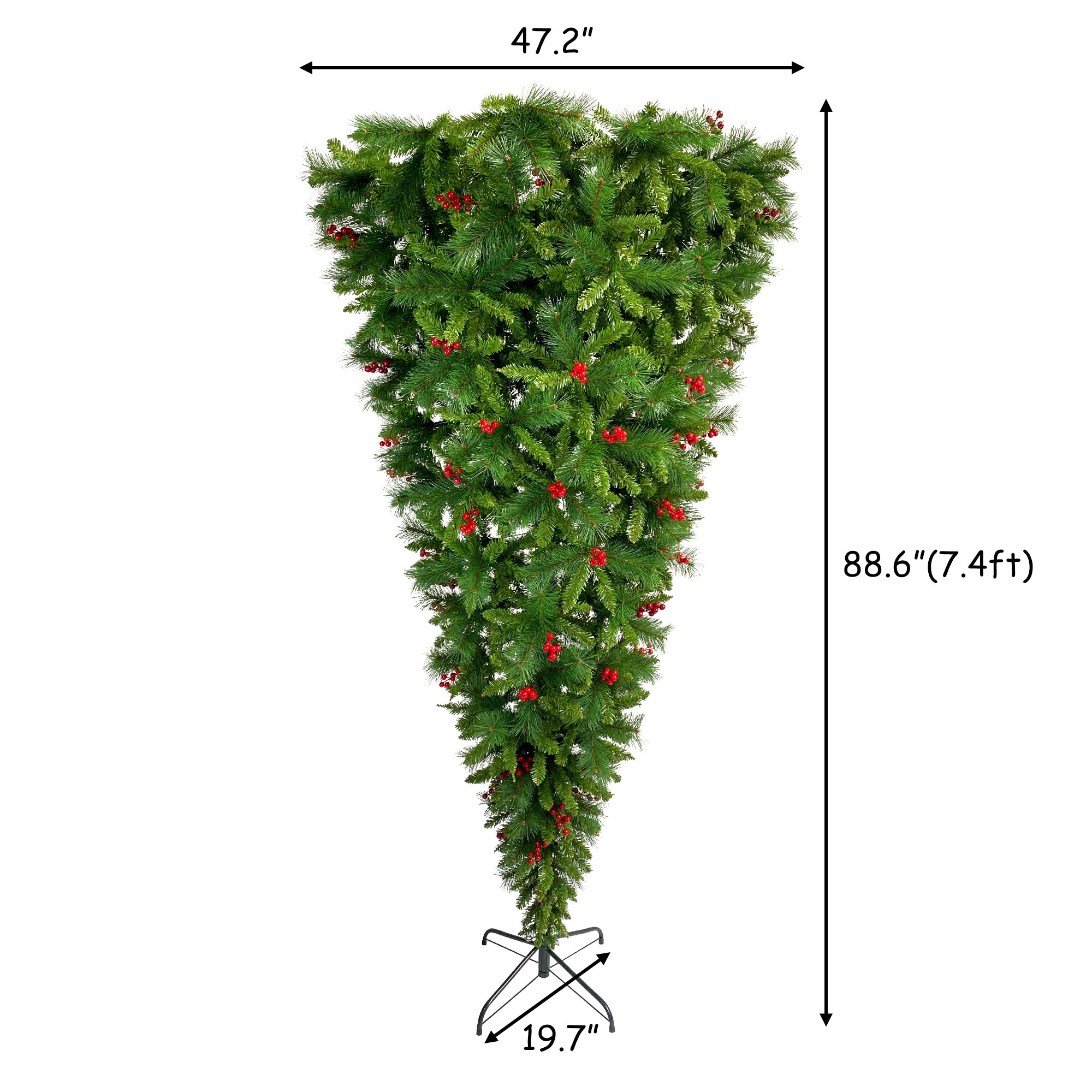 7.4 ft Hinged Spruce Full Christmas Tree, 1500 Tips, Red Berries, PVC Needles | Upside Down Green Artificial Pine Tree for Home, Office, Party