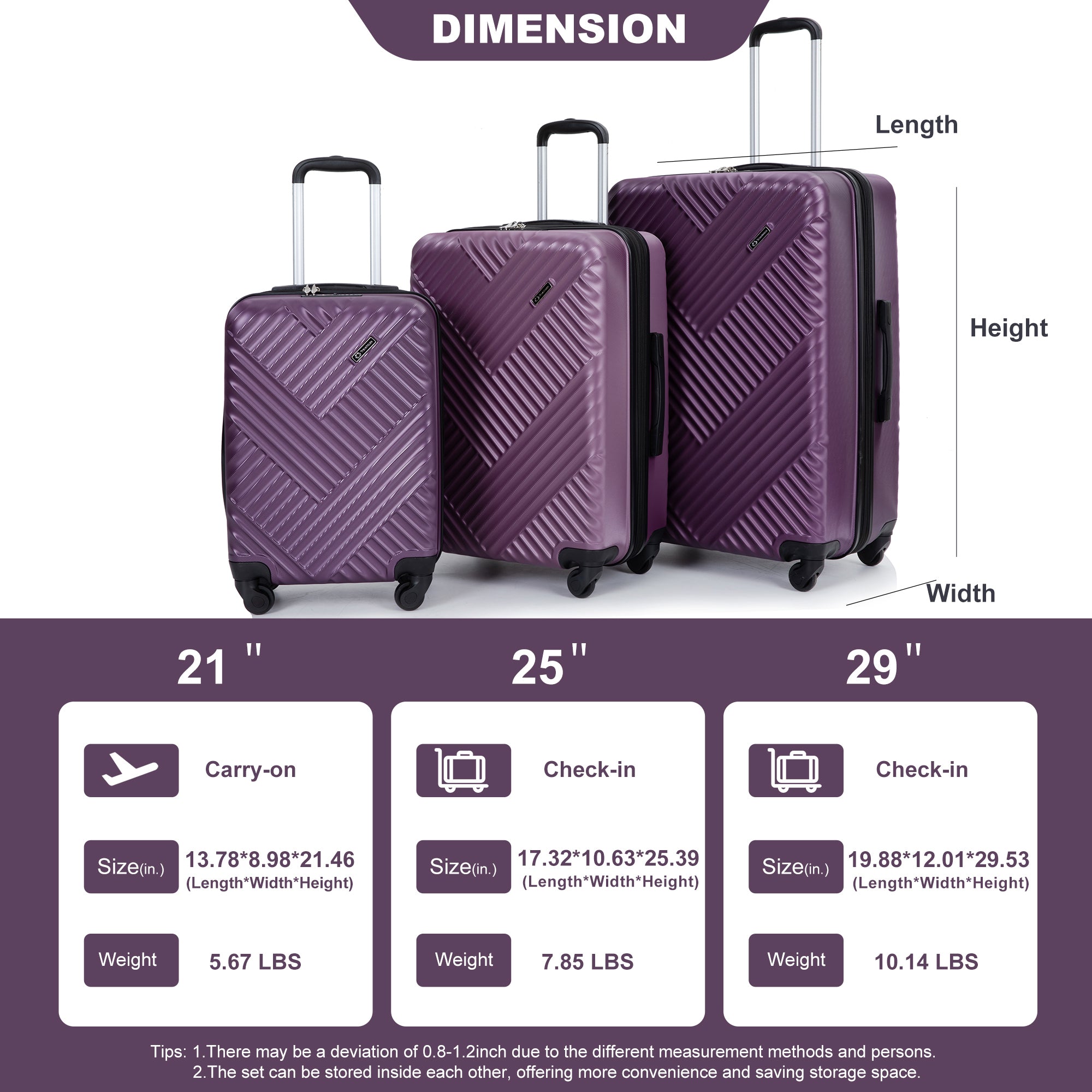 Expandable 3-Piece Lightweight Suitcase Set with Spinner Wheels, TSA Lock - Purple (21/25/29)