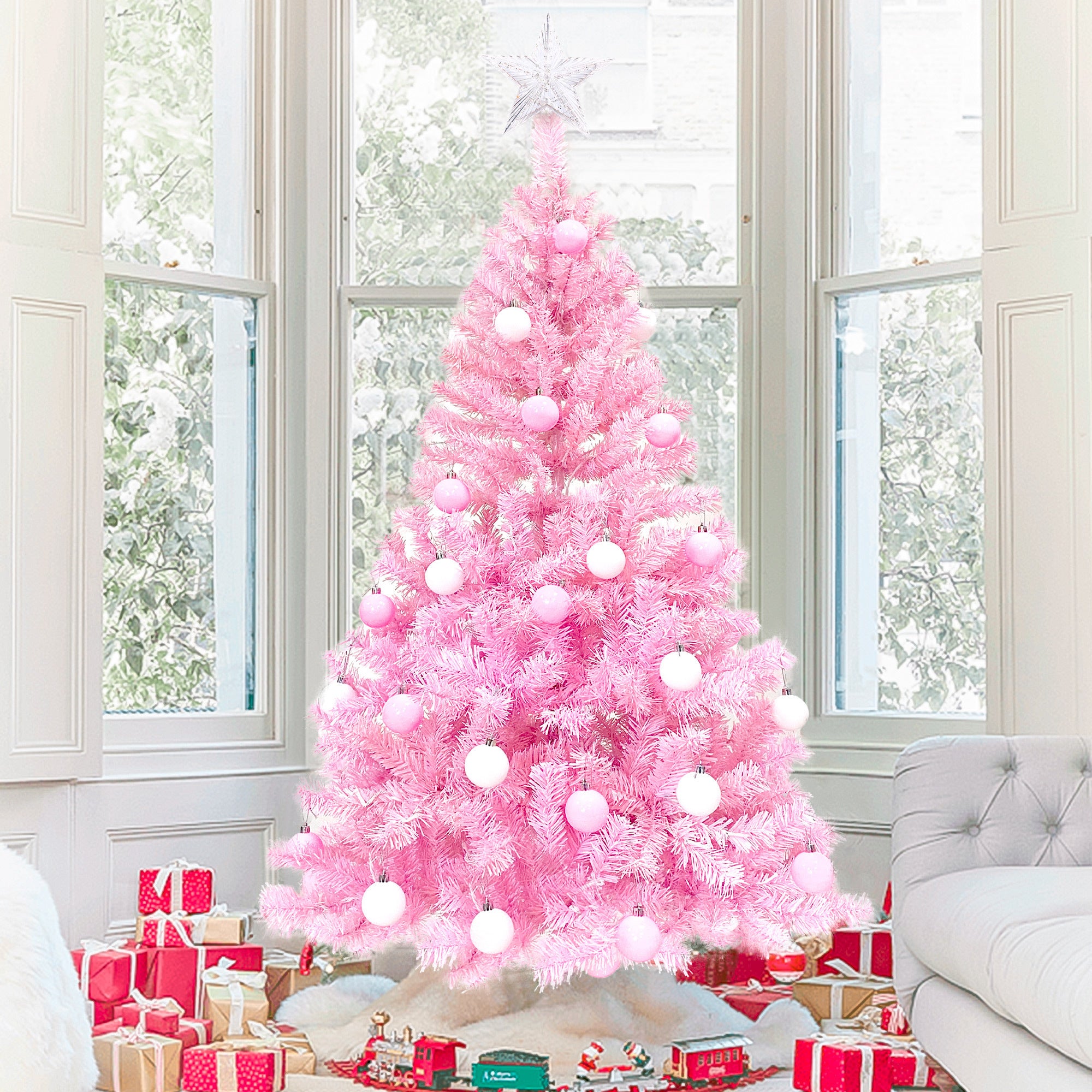 Pre-lit Artificial Christmas 2-Piece Set: 5FT Pink Tree with 6ft Garland X-mas - Festive and Convenient