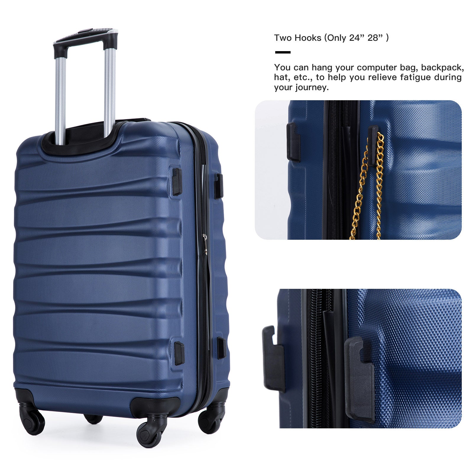 Expandable Lightweight 3 Piece Luggage Set: ABS Suitcase, Hooks, Spinner Wheels, TSA Lock, Blue (20/24/28)