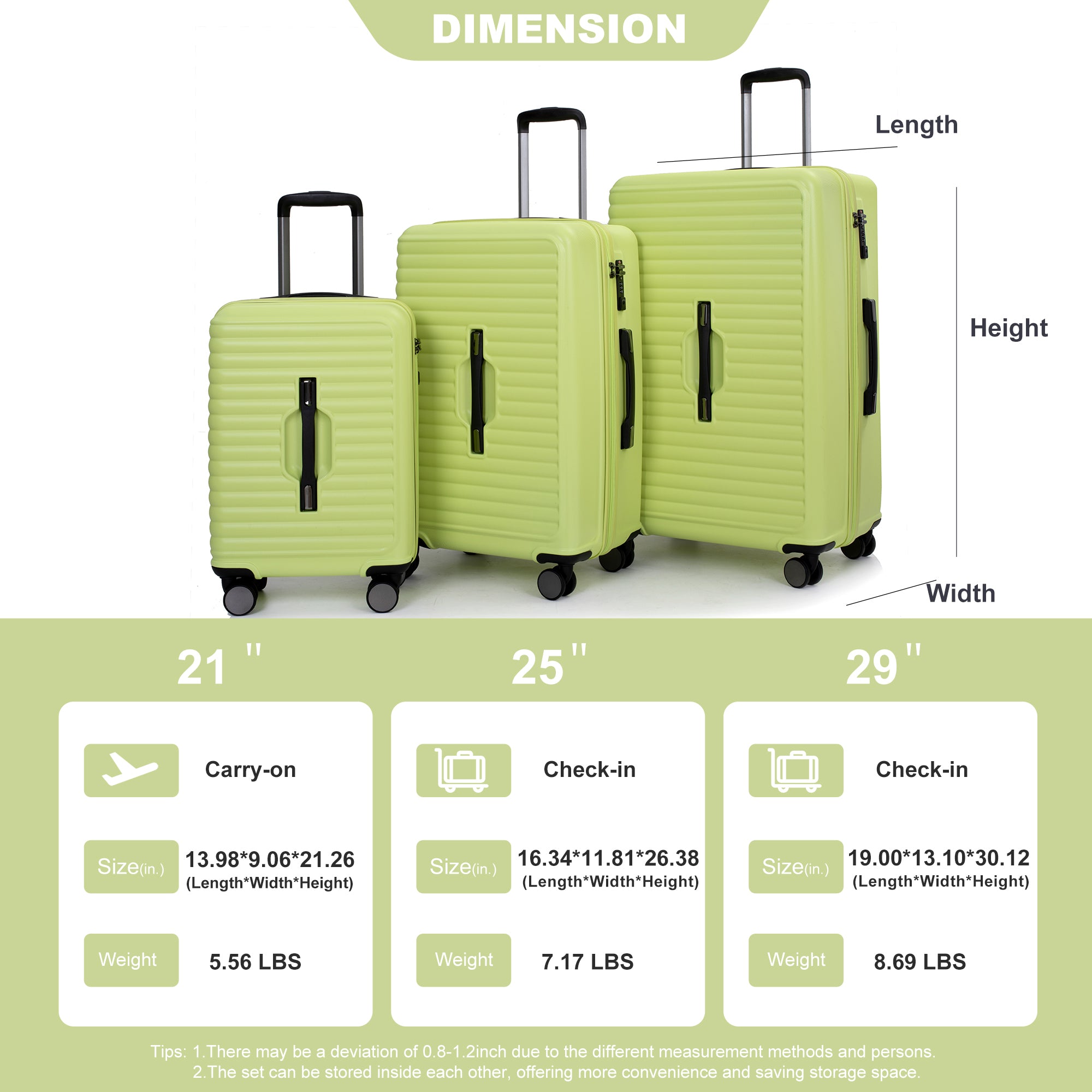 3 Piece Luggage Sets Lightweight Suitcase | PC+ABS, Two Hooks | 360° Double Spinner Wheels, TSA Lock | (21/25/29) Light Green