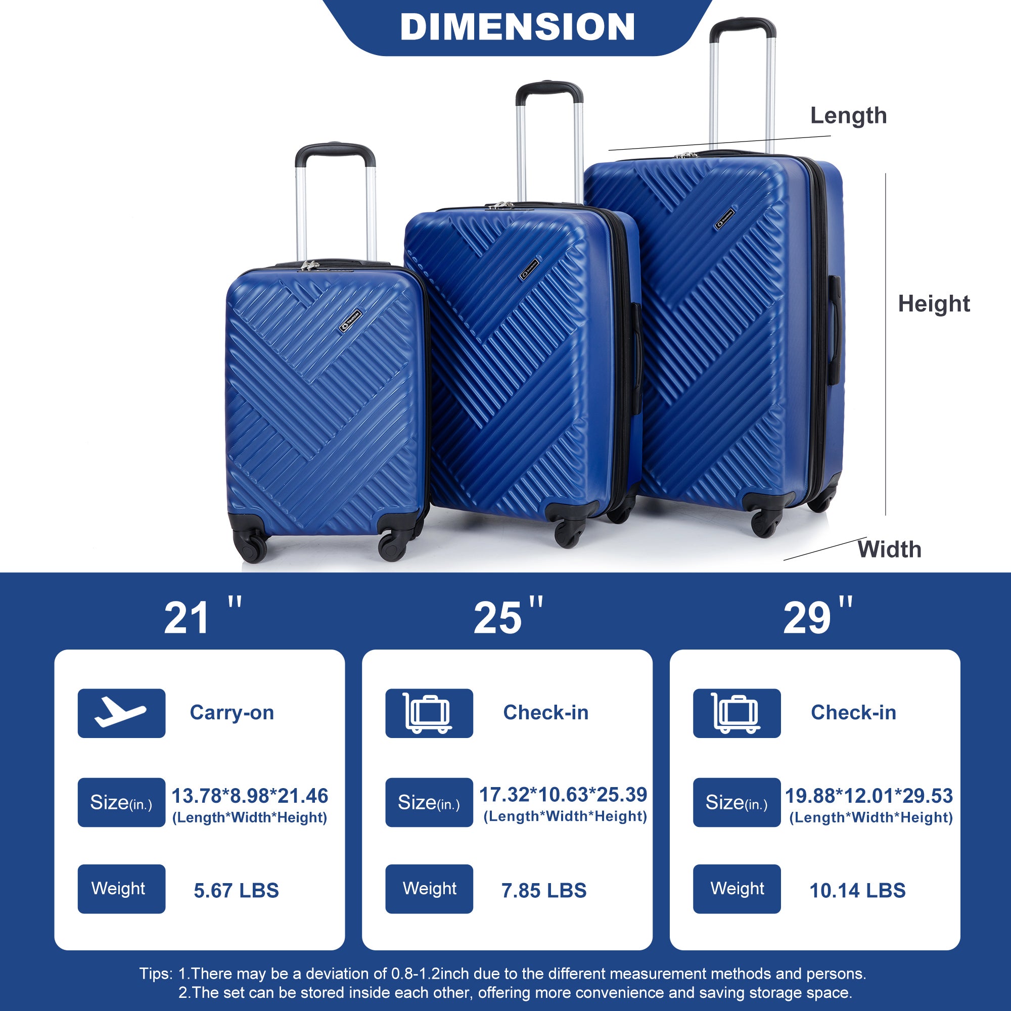 Expandable 3PC Lightweight Suitcase with Hooks, Spinner Wheels, TSA Lock - Blue (21/25/29)