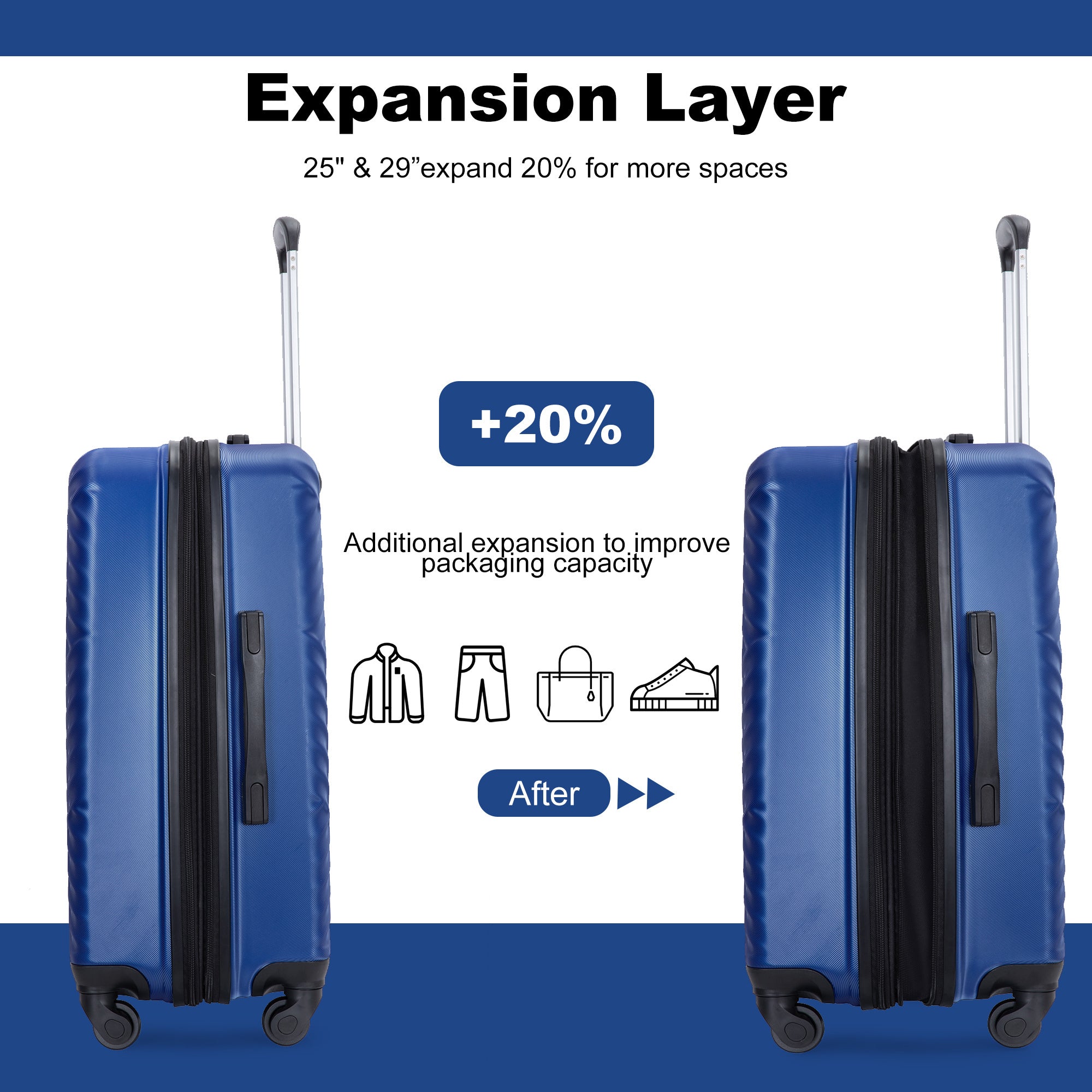 Expandable 3PC Lightweight Suitcase with Hooks, Spinner Wheels, TSA Lock - Blue (21/25/29)