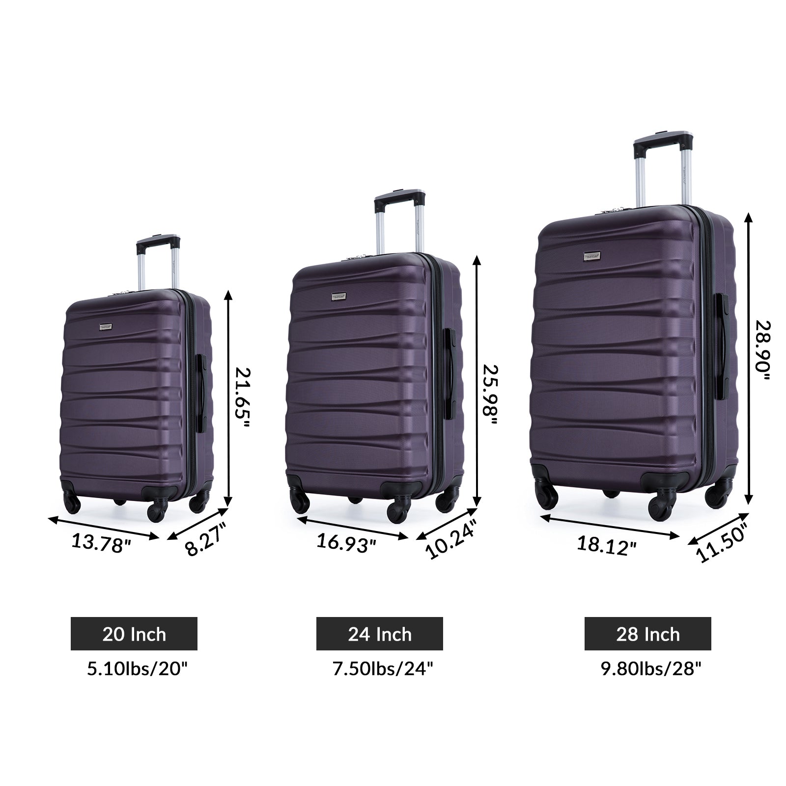 Expandable 3 Piece ABS Luggage Set with Spinner Wheels, TSA Lock, Lightweight Suitcase, Purple (20/24/28)