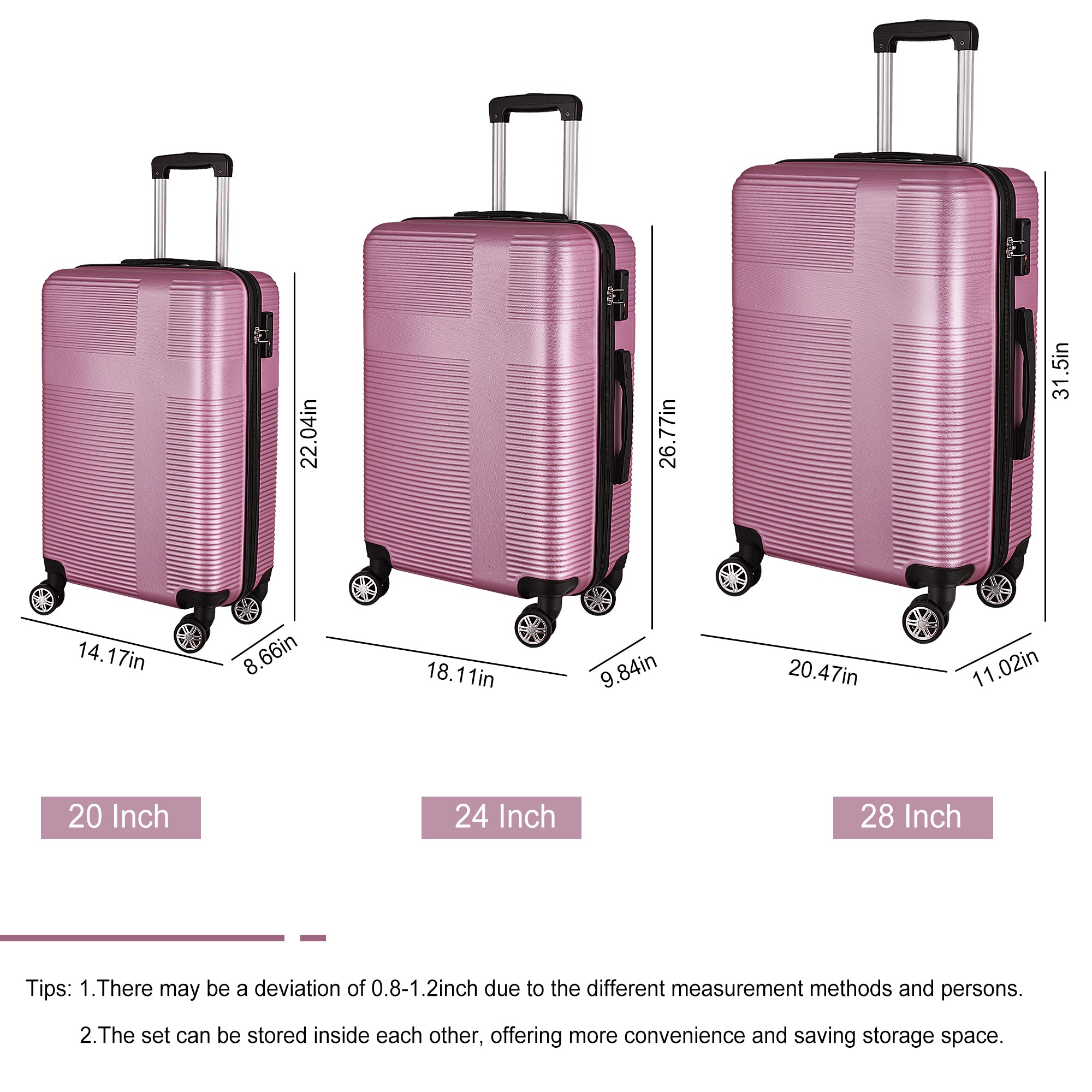 3 Piece ABS Luggage Set with TSA Lock, Durable & Lightweight Suitcase, Spinner Wheels, Cross Stripe Design, 20in/24in/28in Sizes