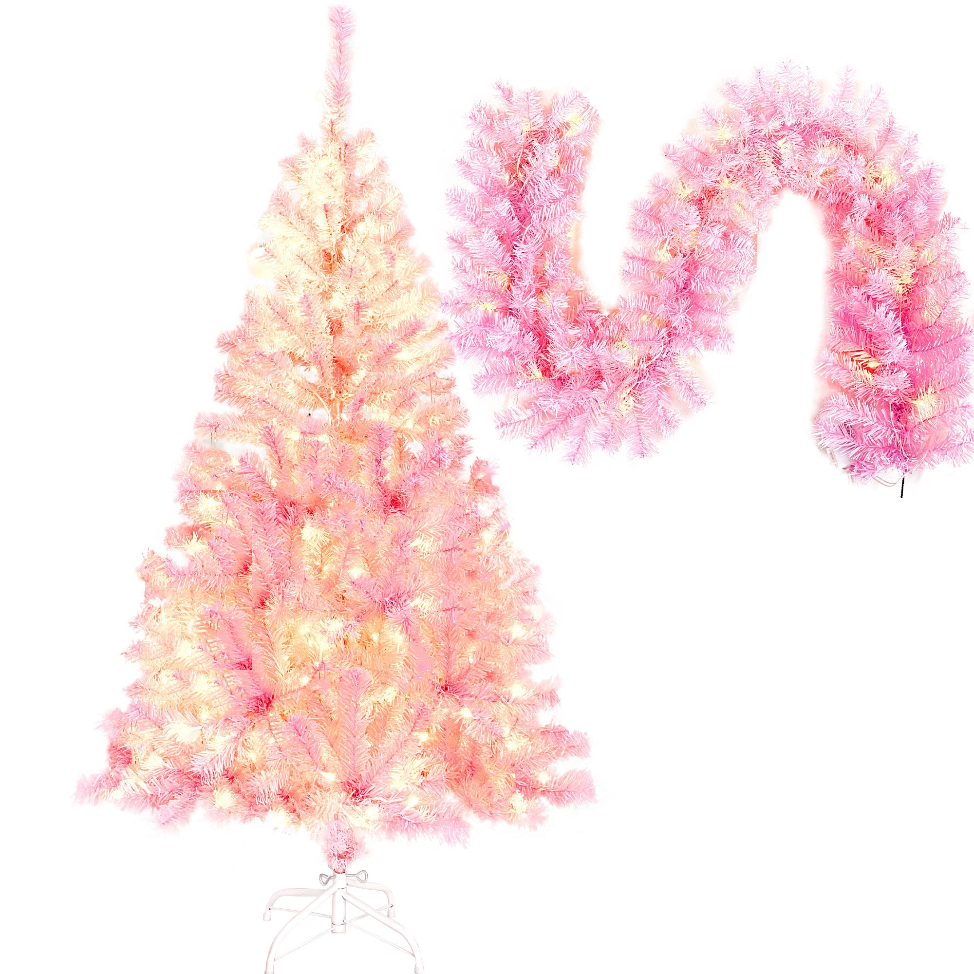 Pre-lit Artificial Christmas 2-Piece Set: 5FT Pink Tree with 6ft Garland X-mas - Festive and Convenient