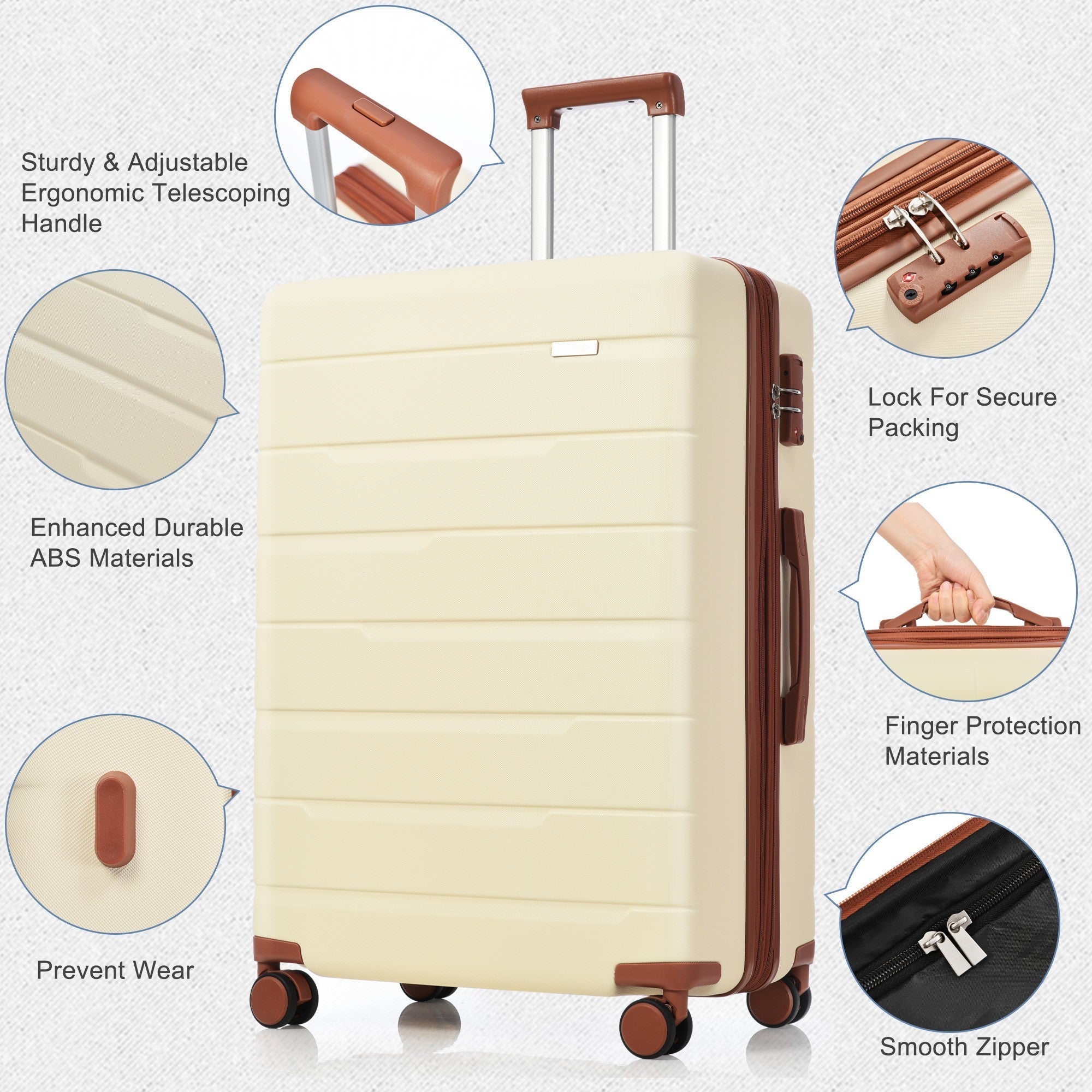 Luggage Sets 3 Piece Suitcase Set 20/24/28, Carry on Luggage Airline Approved, Hard Case with Spinner Wheels, Beige/Brown