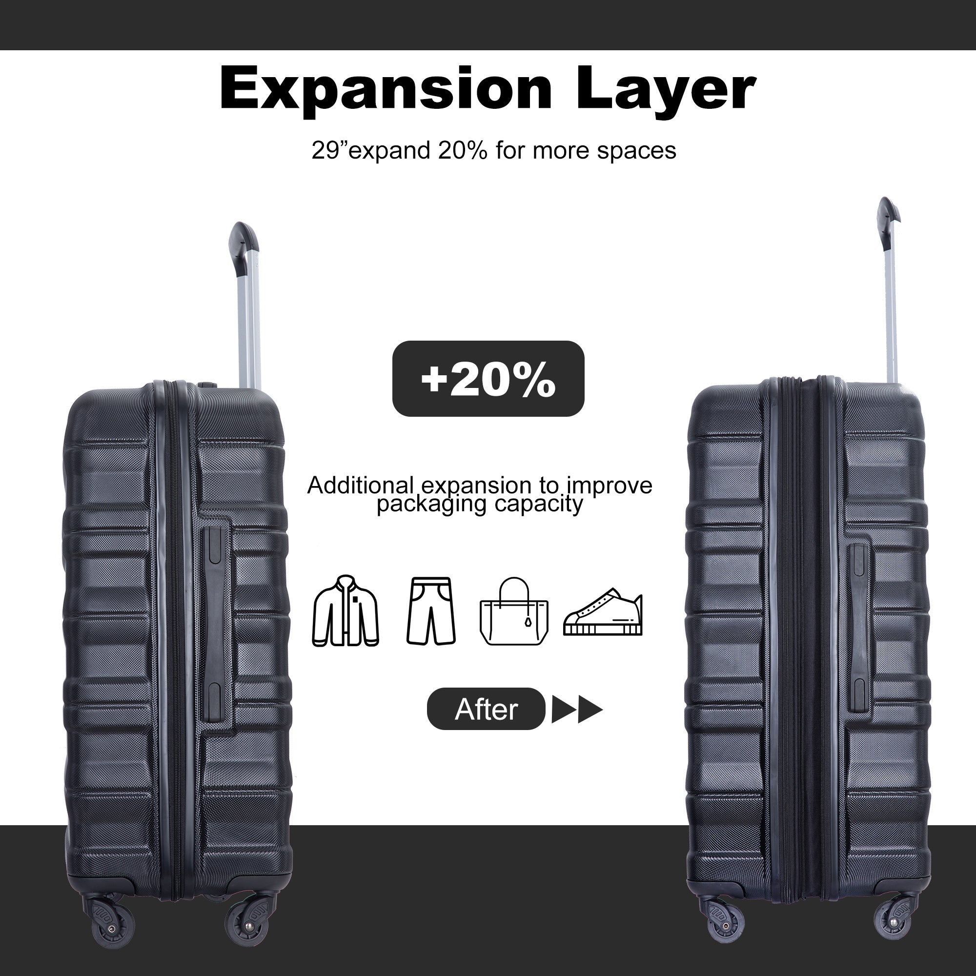 Expandable 3 Piece Luggage Set: Lightweight & Durable Suitcase with Hooks, Spinner Wheels, TSA Lock - Black (21/25/29)