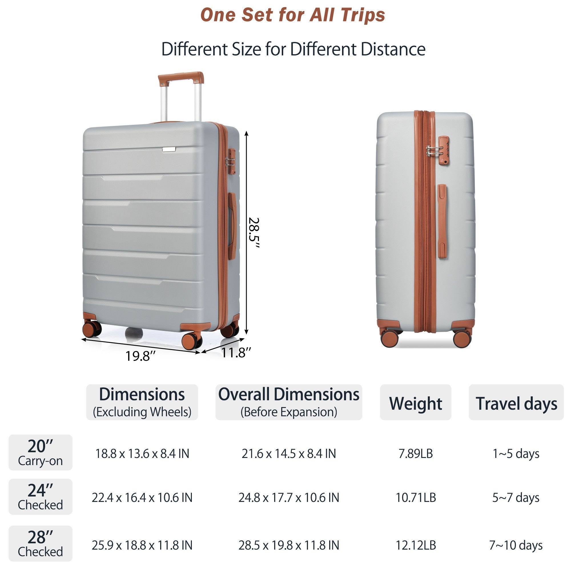 Luggage Sets 3 Piece Suitcase Set 20/24/28, Airline Approved, Hard Case with Spinner Wheels, Silver