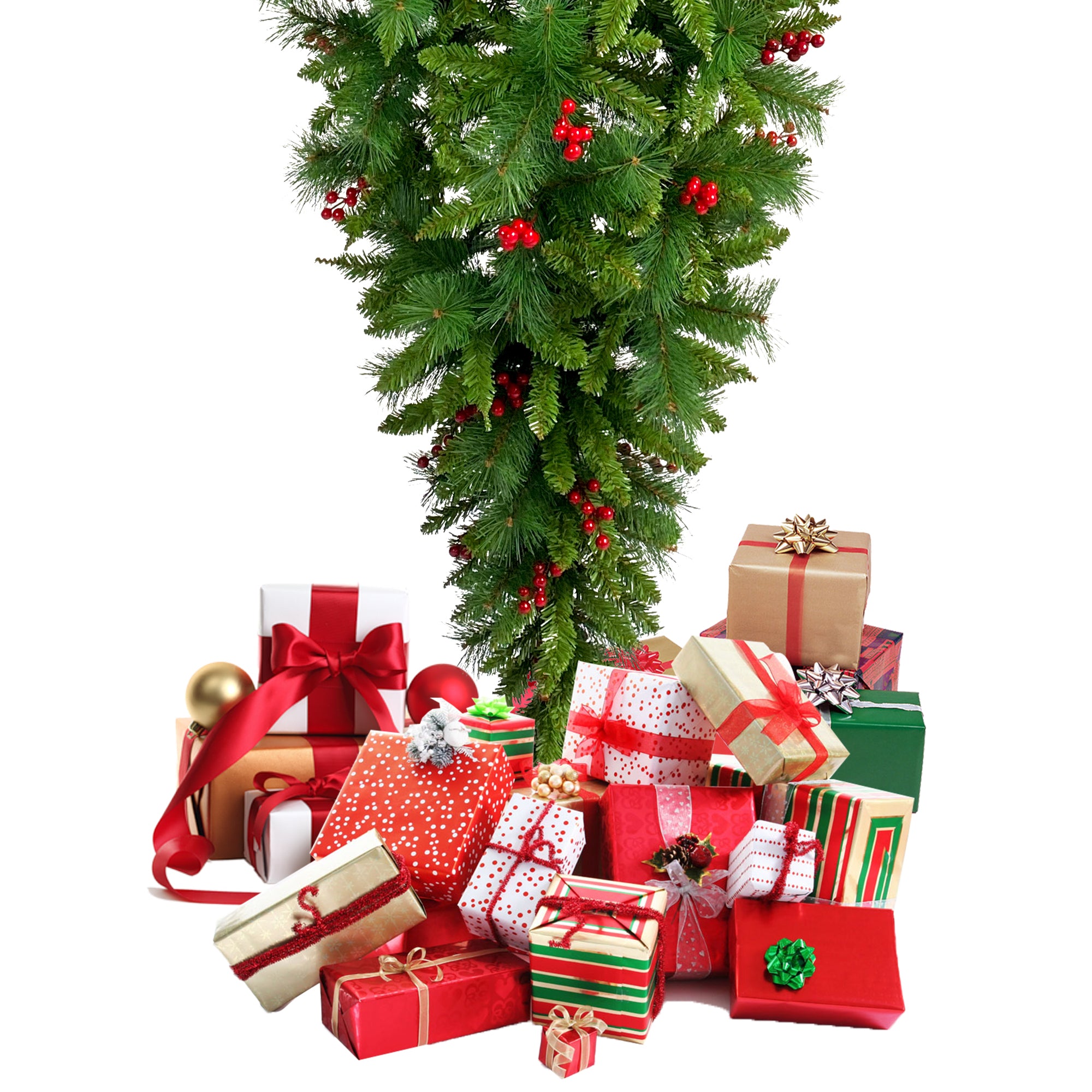 7.4 ft Hinged Spruce Full Christmas Tree, 1500 Tips, Red Berries, PVC Needles | Upside Down Green Artificial Pine Tree for Home, Office, Party