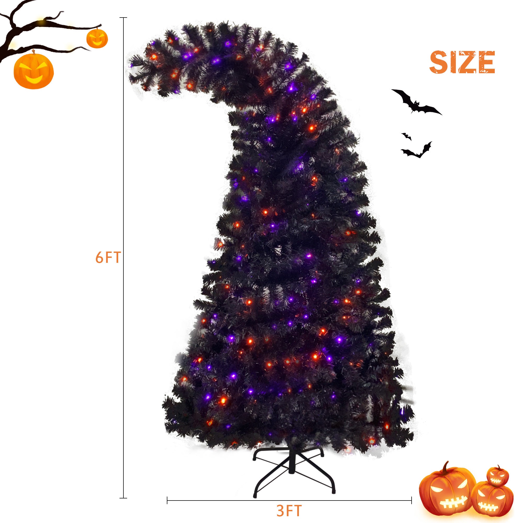 6FT Artificial Fir Bent Top Halloween Christmas Tree - Bendable Grinch Style Holiday Decoration with 1,080 Lush Branch Tips and 300 LED Lights - Xmas Halloween Style (Black/Orange, 6 Feet)