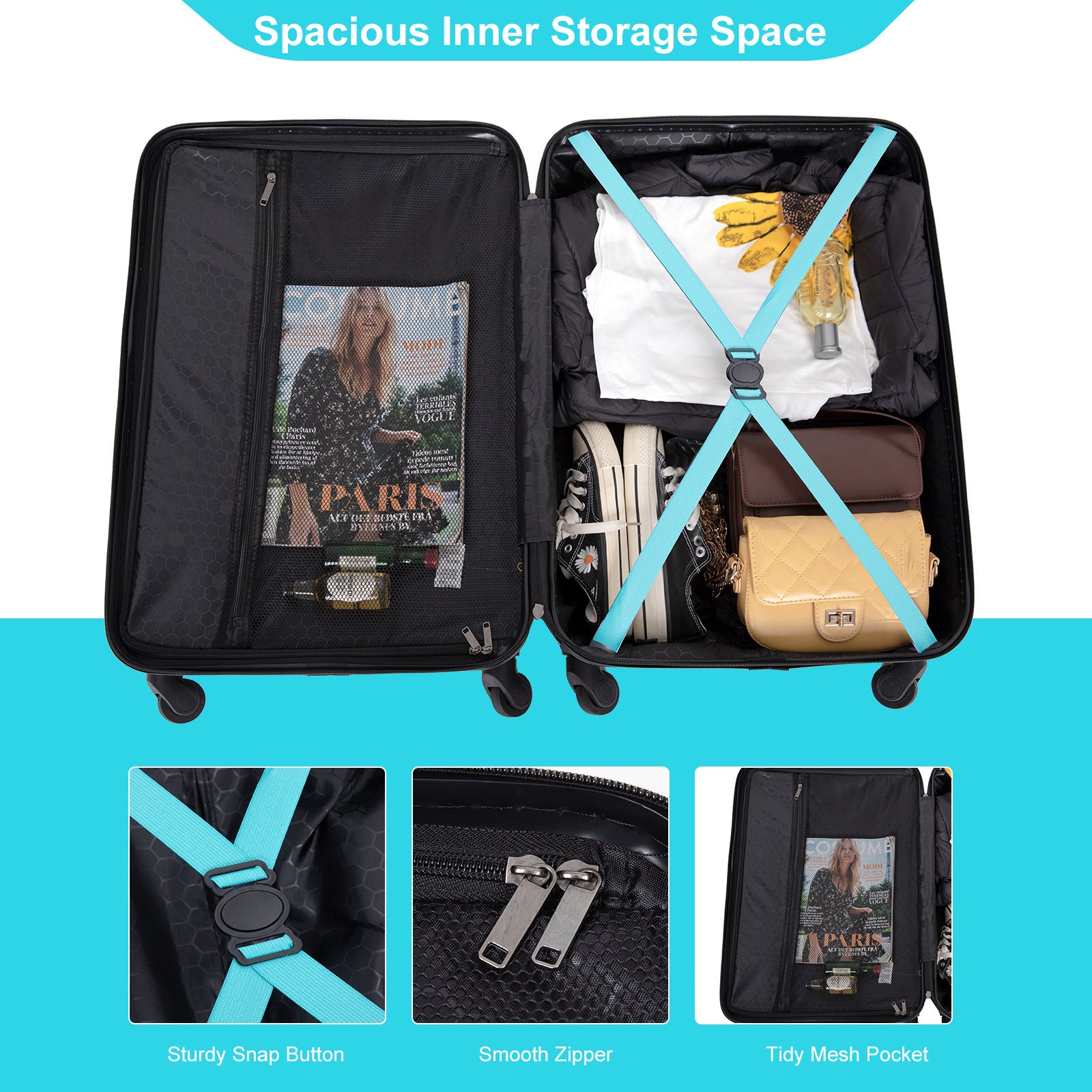 3 Piece ABS Lightweight Suitcase with Hooks, Spinner Wheels, TSA Lock, Turquoise (20/24/28)