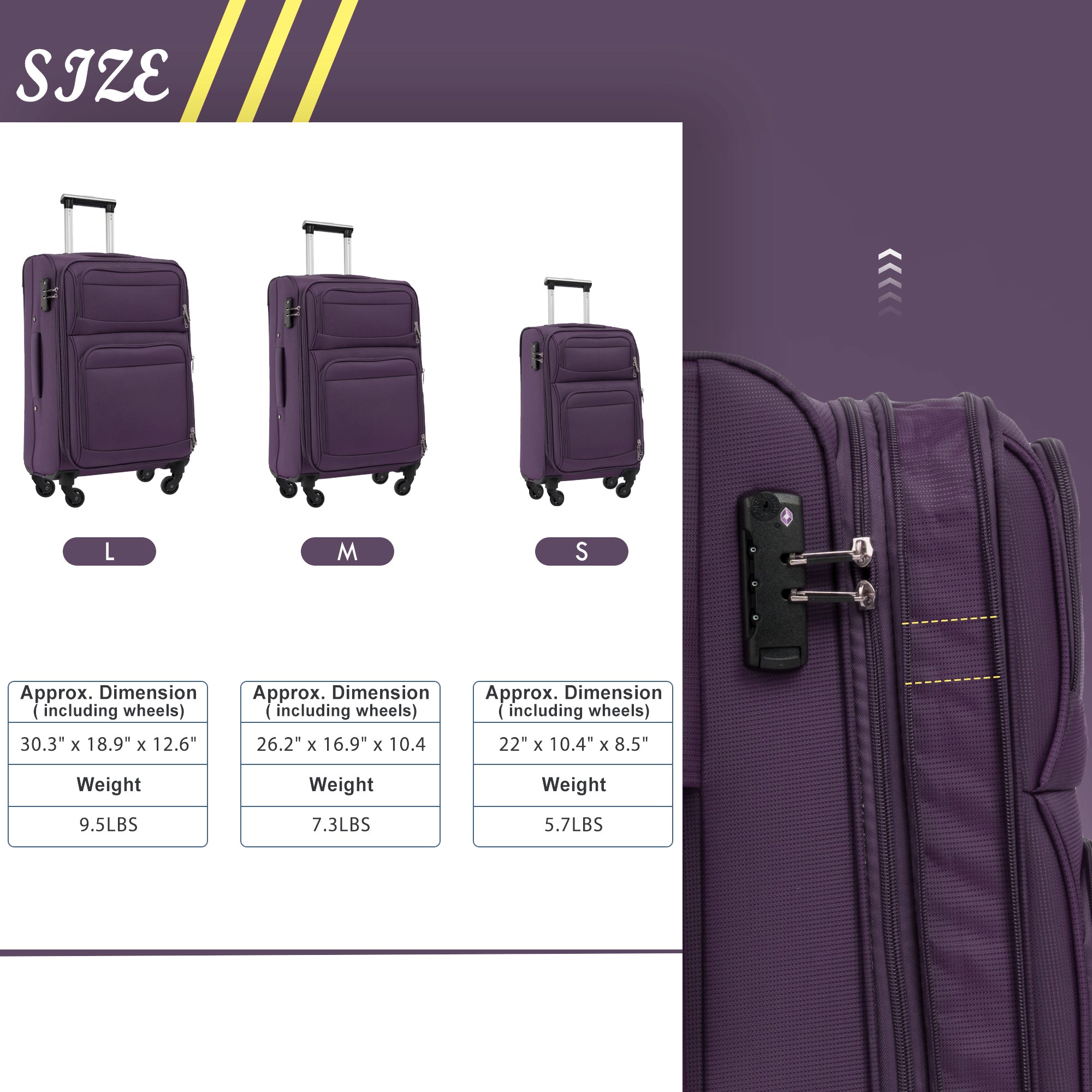 Softside Luggage Set: Expandable 3-Piece Travel Suitcase Upright Spinner - Lightweight, Softshell Material - Various Sizes & Colors