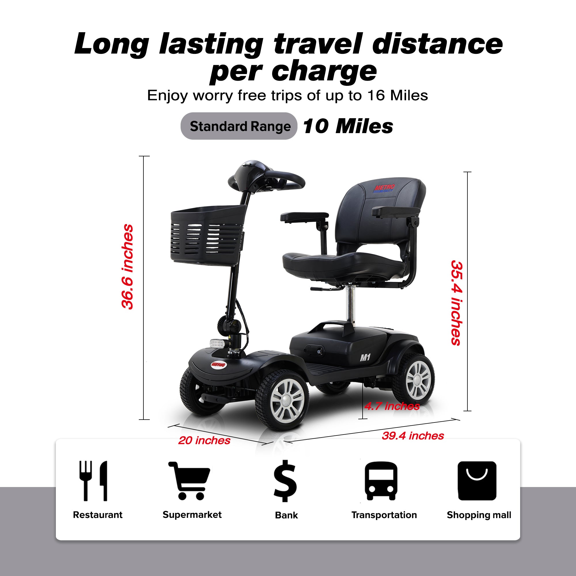 Four Wheel Compact Travel Mobility Scooter - 300W Motor, 300lbs Capacity, Gloss Black