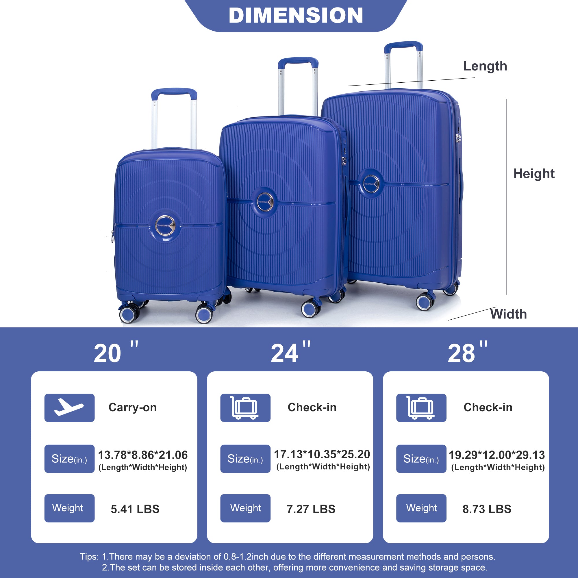 Expandable Hardshell Suitcase Double Spinner Wheels Lightweight Durable Suitcase with TSA Lock, 3-Piece Set (20/24/28), Navy