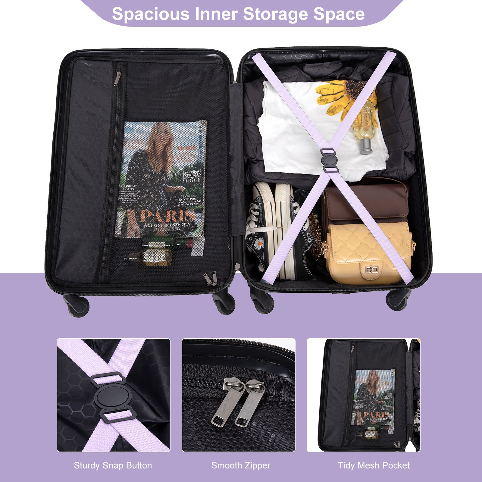 3 Piece Luggage Sets: Lightweight ABS Suitcase with Hooks, Spinner Wheels, TSA Lock - Lavender Purple (20/24/28)