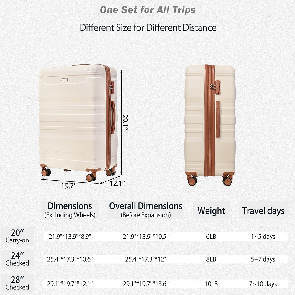 New Model Expandable ABS Hardshell 3pcs Luggage Sets - Clearance Hardside Suitcase with Spinner Wheels, TSA Lock - Lightweight, Durable - 20''24''28'' Beige/Brown